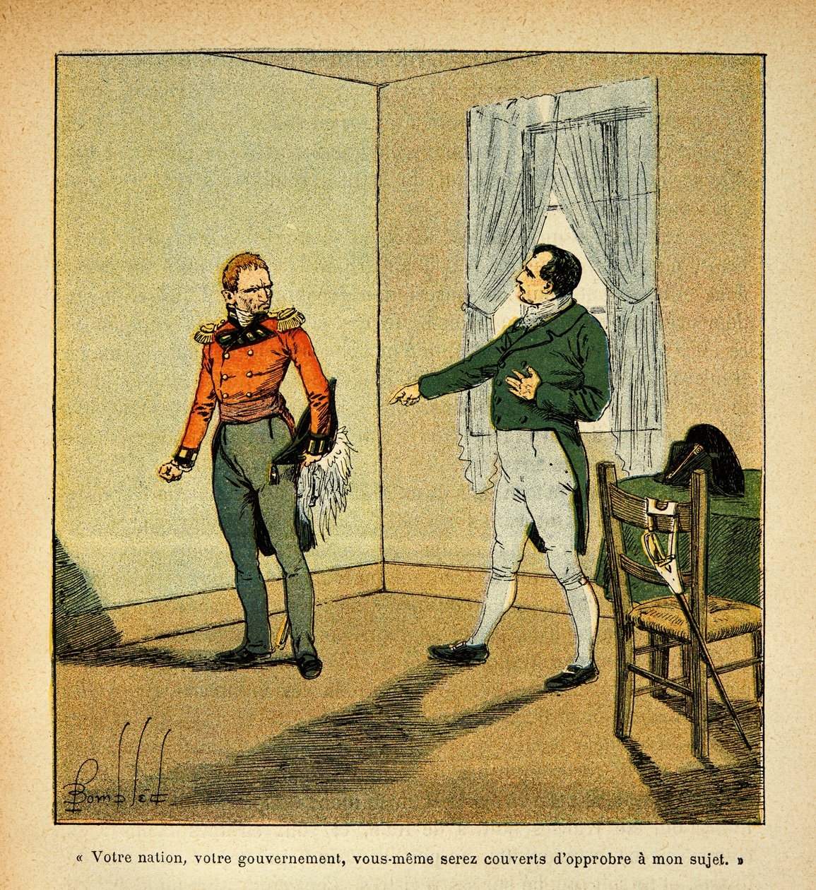 Ilustrace Bombled Louis (1862-1927) z knihy „Památník svaté Heleny“ od hraběte Emmanuela de Las Cases (1766-1842): Císař Napoleon obviňuje guvernéra Hudsona Lowea (1769-1844) z jeho chování vůči němu, Collection Partial od Louis Charles Bombled