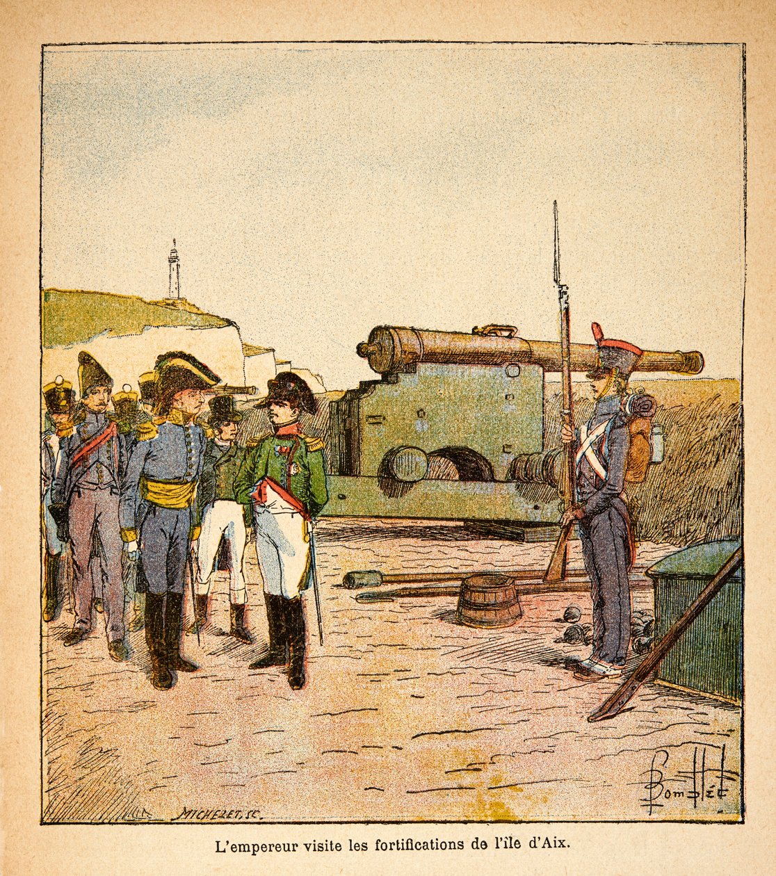 Ilustrace Bombled Louis (1862-1927) z knihy „Památník svaté Heleny“ od hraběte Emmanuela de Las Cases (1766-1842): Císař Napoleon po své abdikaci navštěvuje opevnění ostrova Aix, Soukromá sbírka od Louis Charles Bombled