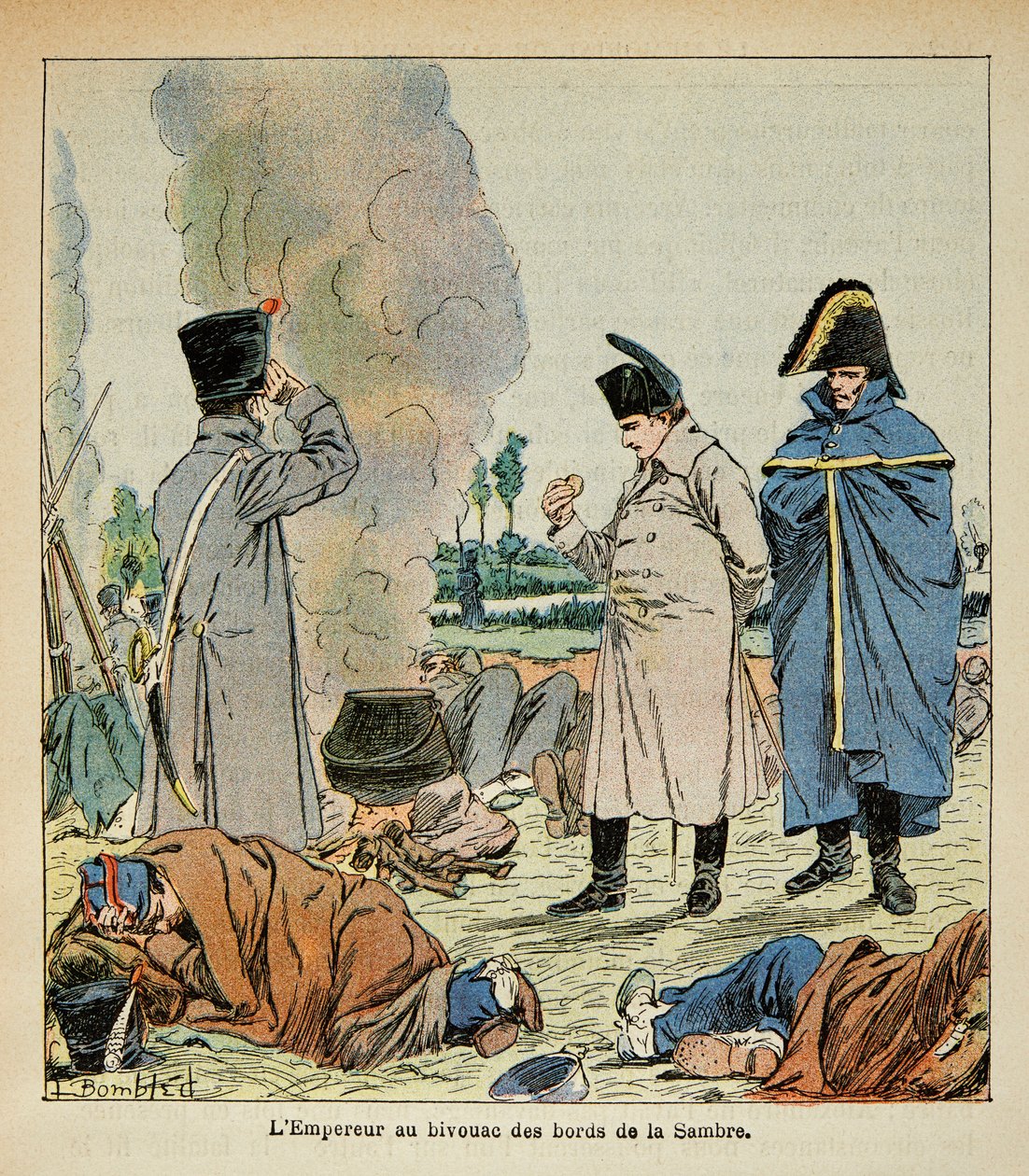 Ilustrace Bombled Louis (1862-1927) z knihy „Památník svaté Heleny“ od hraběte Emmanuela de Las Cases (1766-1842): Napoleon během bivaku jí chléb vojáků, soukromá sbírka od Louis Charles Bombled