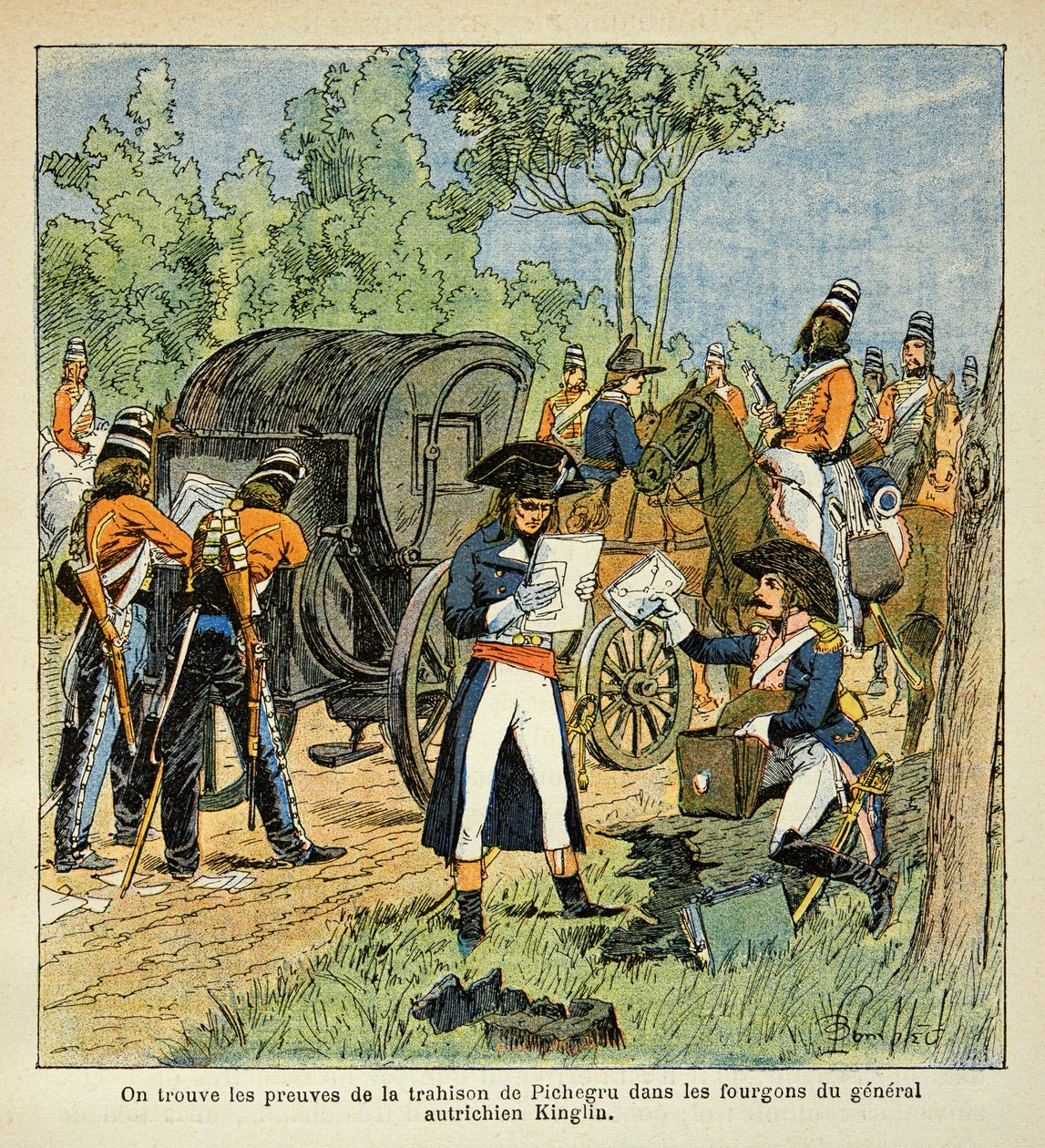 Ilustrace Bombled Louis (1862-1927) z knihy „Památník svaté Heleny“ od hraběte Emmanuela de Las Cases (1766-1842): Během plavby přes Rýn objeví Moreau korespondenci mezi Pichegrem a princem z Conde v roce dodávky z od Louis Charles Bombled