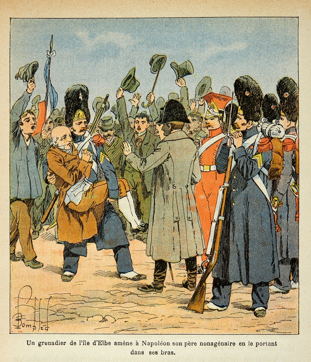Ilustrace Bombled Louis (1862-1927) z knihy „Památník svaté Heleny“ od hraběte Emmanuela de Las Cases (1766-1842): Granátník přivádí svého nevlastního otce k Napoleonovi tak, že ho nese v náručí při návratu z ostrova Elba , svobodník plk od Louis Charles Bombled