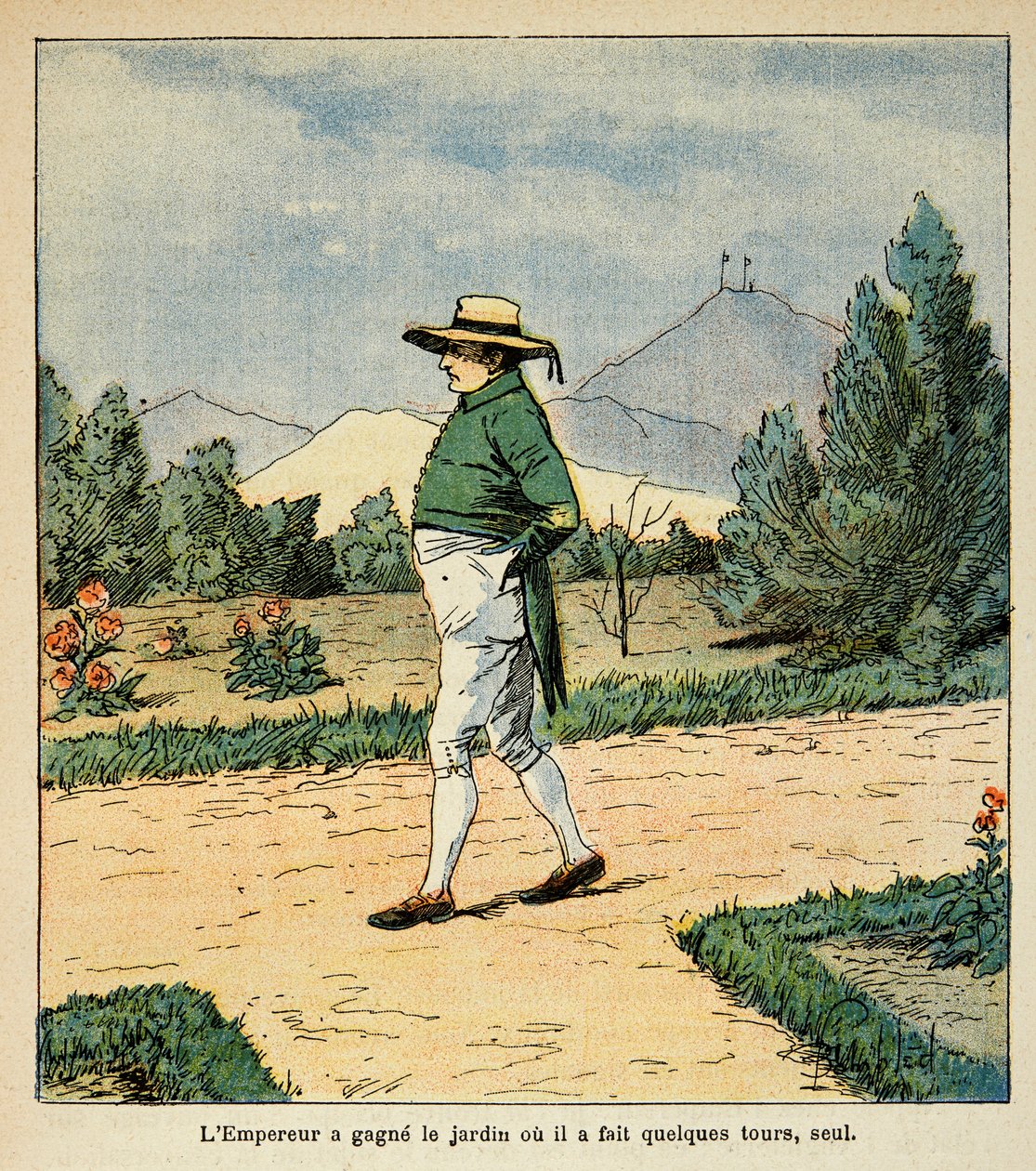 Ilustrace Bombled Louis (1862-1927) z knihy „Památník svaté Heleny“ od hraběte Emmanuela de Las Cases (1766-1842): Císař Napoleon se prochází ve své zahradě u St. Helene v září 1816, Soukromá sbírka od Louis Charles Bombled