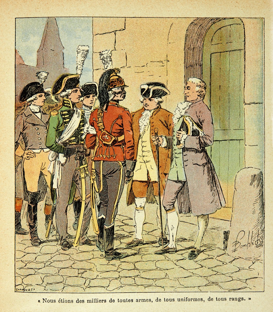 Ilustrace Bombled Louis (1862-1927) z knihy „Památník svaté Heleny“ od hraběte Emmanuela de Las Cases (1766-1842): Emigranti do Coblenz (Koblenz) během revoluce, soukromá sbírka od Louis Charles Bombled