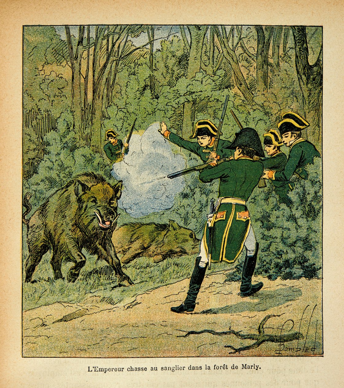 Ilustrace Bombled Louis (1862-1927) z knihy „Památník svaté Heleny“ od hraběte Emmanuela de Las Cases (1766-1842): Císař Napoleon loví kance v lese Marly, soukromá sbírka od Louis Charles Bombled