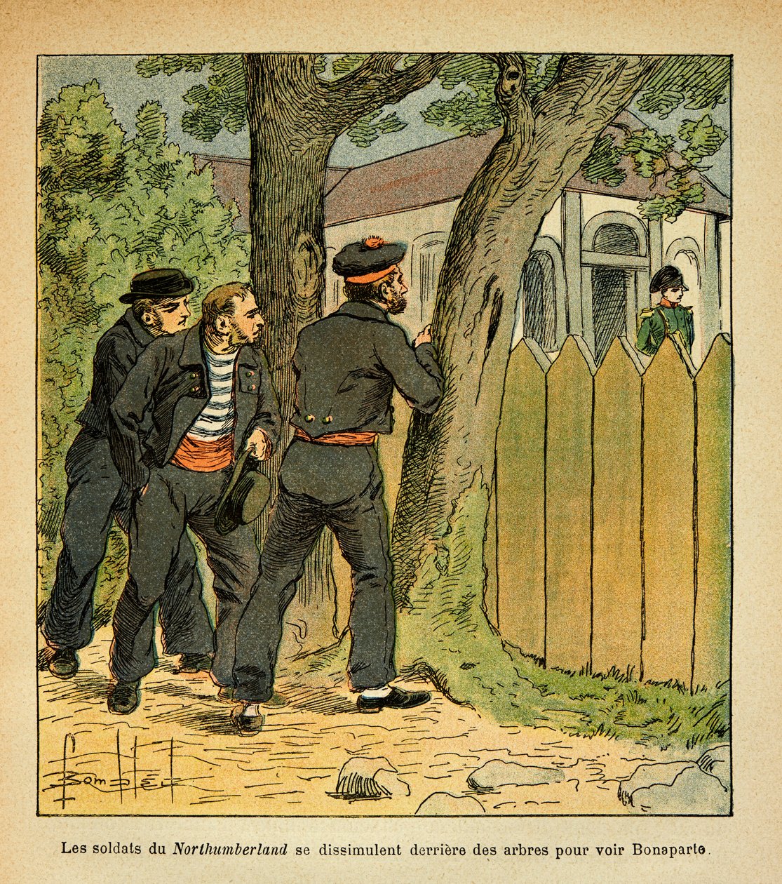 Ilustrace Bombled Louis (1862-1927) z knihy „Památník svaté Heleny“ od hraběte Emmanuela de Las Cases (1766-1842): V St. Helene se námořníci z Northumberlandu schovávají za císařem Napoleonem, Soukromá sbírka od Louis Charles Bombled