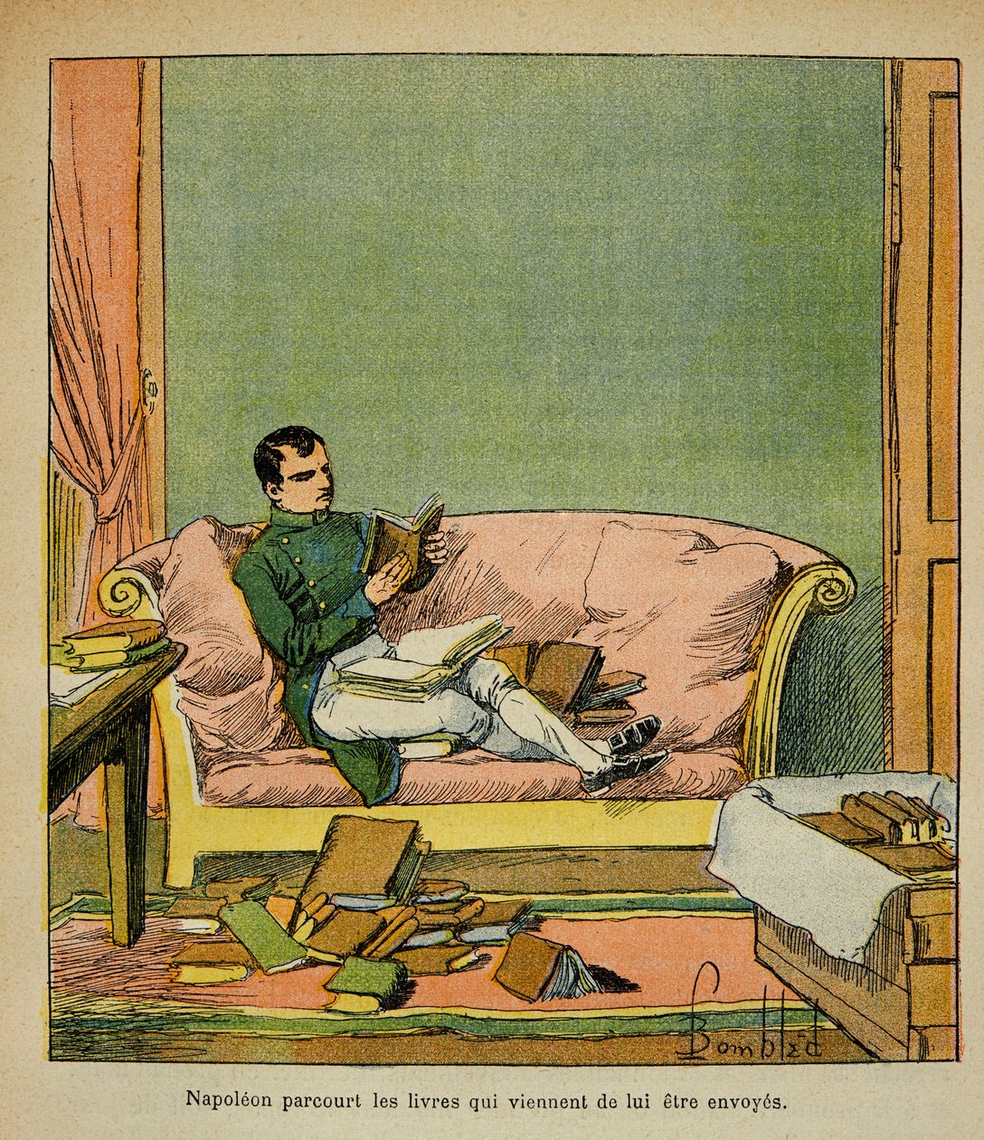 Ilustrace Bombled Louis (1862-1927) z knihy „Památník svaté Heleny“ od hraběte Emmanuela de Las Cases (1766-1842): Císař Napoleon prochází knihami, které byly právě odeslány do St. Helene, soukromá sbírka od Louis Charles Bombled