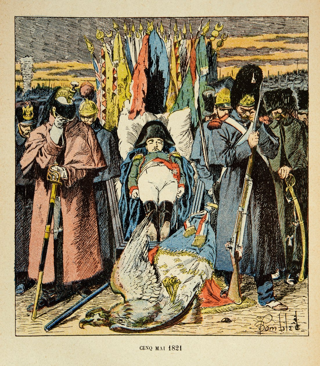 Ilustrace Bombled Louis (1862-1927) z knihy „Památník svaté Heleny“ od hraběte Emmanuela de Las Cases (1766-1842): Alegorie, Armee vzdává hold císaři po jeho smrti, soukromá sbírka od Louis Charles Bombled