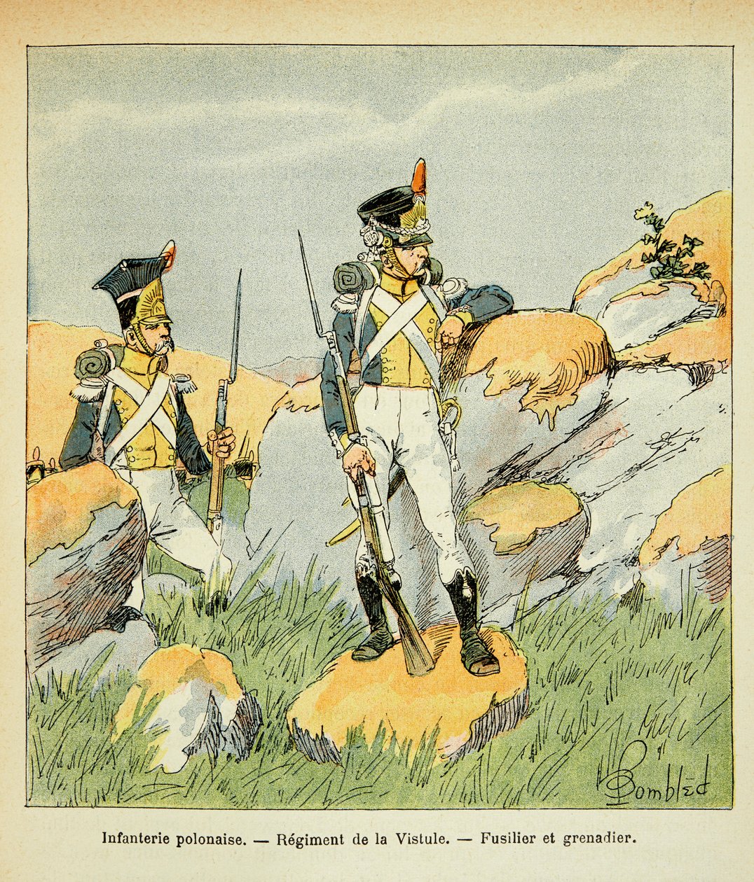 Ilustrace Bombled Louis (1862-1927) z knihy „Památník svaté Heleny“ od hraběte Emmanuela de Las Cases (1766-1842): Polská pěchota; pluk na Visle; střelec a granátník, soukromá sbírka od Louis Charles Bombled