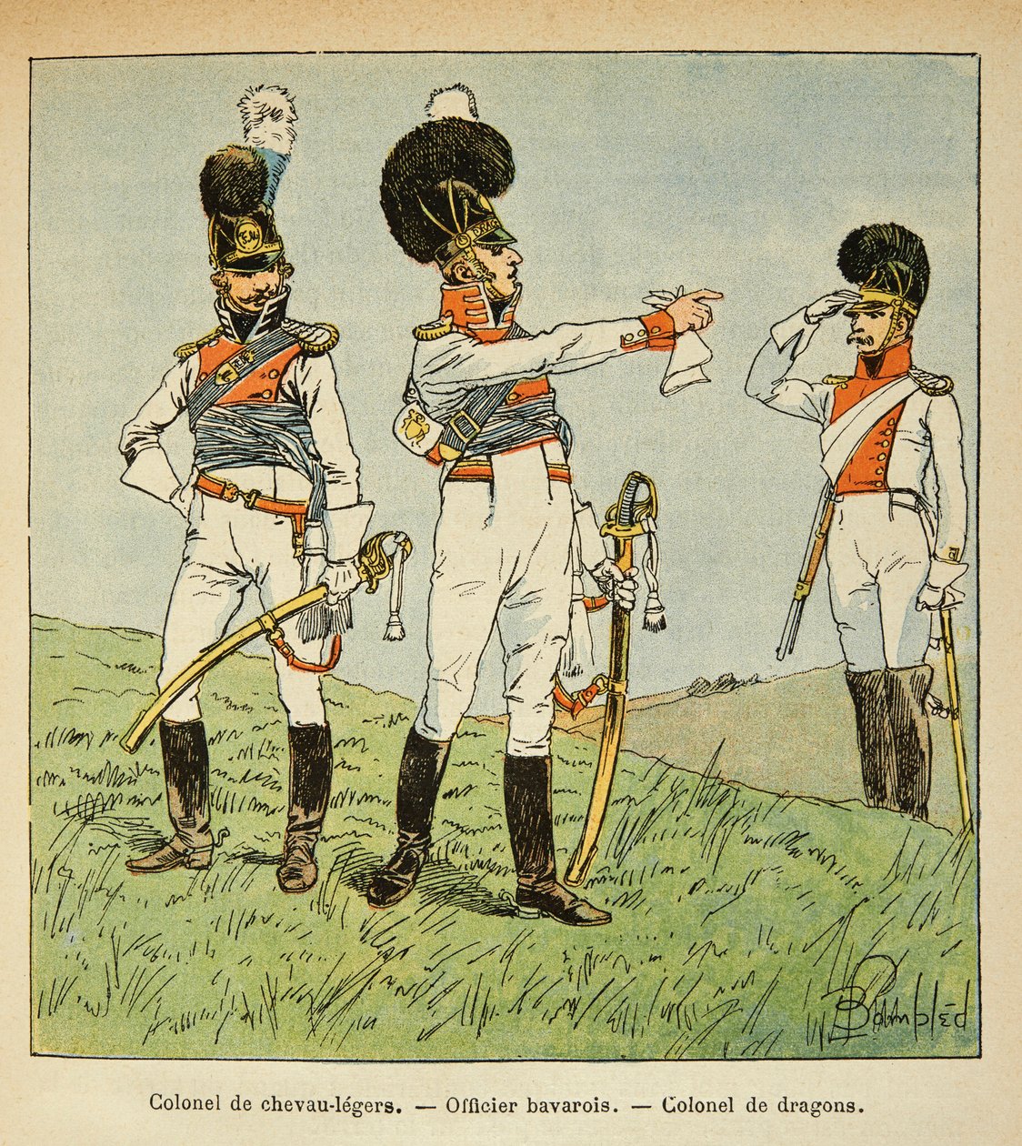 Ilustrace Bombled Louis (1862-1927) z knihy „Památník svaté Heleny“ od hraběte Emmanuela de Las Cases (1766-1842): Bavorská armáda: Plukovník lehkých koní; bavorský důstojník; Plukovník draků, soukromá sbírka od Louis Charles Bombled