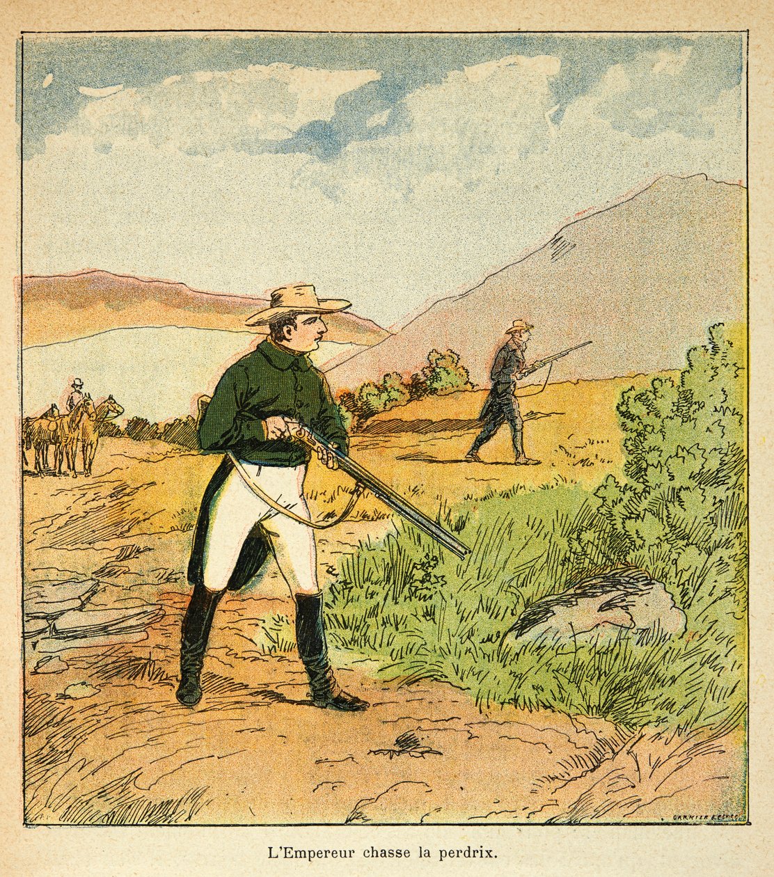 Ilustrace Bombled Louis (1862-1927) z knihy „Památník svaté Heleny“ od hraběte Emmanuela de Las Cases (1766-1842): Napoleon loví s Las Cases v Ste Helene v srpnu 1816, soukromá sbírka od Louis Charles Bombled