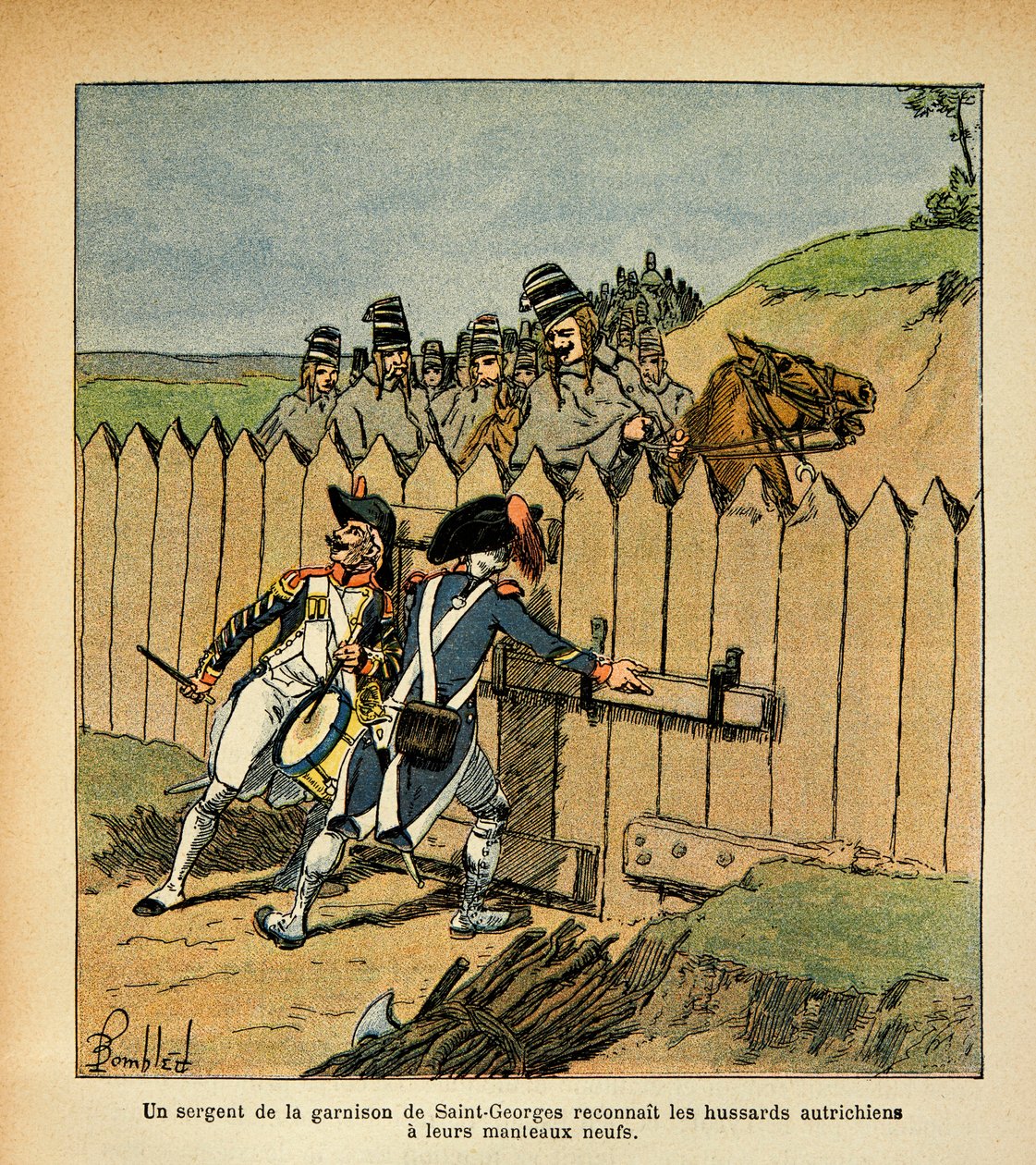 Ilustrace Bombled Louis (1862-1927) z knihy „Památník svaté Heleny“ od hraběte Emmanuela de Las Cases (1766-1842): Během italského tažení poznal seržant posádky svatého Jiří rakouské husary s jejich nové kabáty, Pr od Louis Charles Bombled