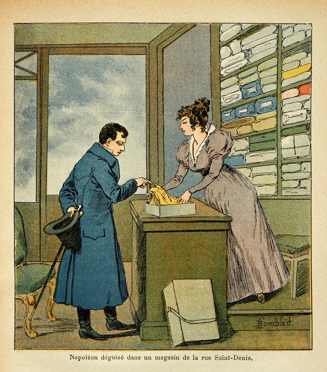 Ilustrace Bombled Louis (1862-1927) z knihy „Památník svaté Heleny“ od hraběte Emmanuela de Las Cases (1766-1842): Přestrojení císaře Napoleona v obchodě na Rue Saint Denis, soukromá sbírka od Louis Charles Bombled