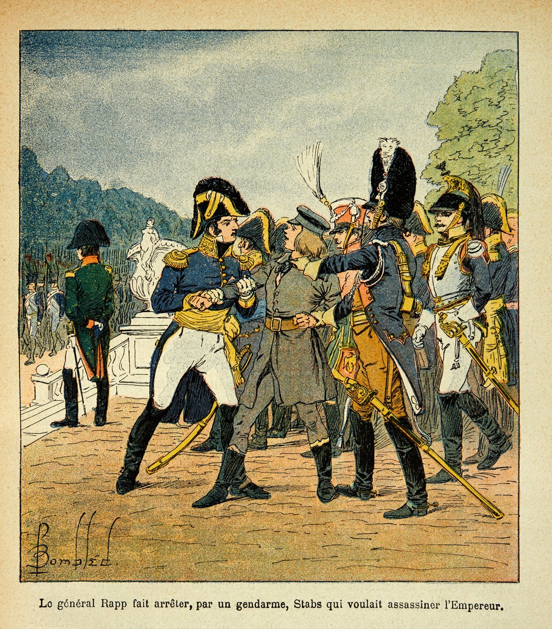 Ilustrace Bombled Louis (1862-1927) z knihy „Památník svaté Heleny“ od hraběte Emmanuela de Las Cases (1766-1842): Generál Rapp zatýká četníkem mladé Stabs, kteří chtěli zavraždit císaře Napoleona, Částečná sbírka od Louis Charles Bombled