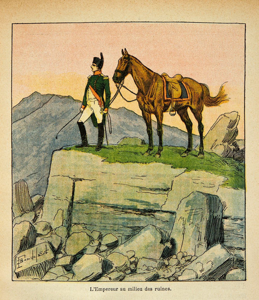 Ilustrace Bombled Louis (1862-1927) z knihy „Památník svaté Heleny“ od hraběte Emmanuela de Las Cases (1766-1842): Císař Napoleon uprostřed ruin, soukromá sbírka od Louis Charles Bombled