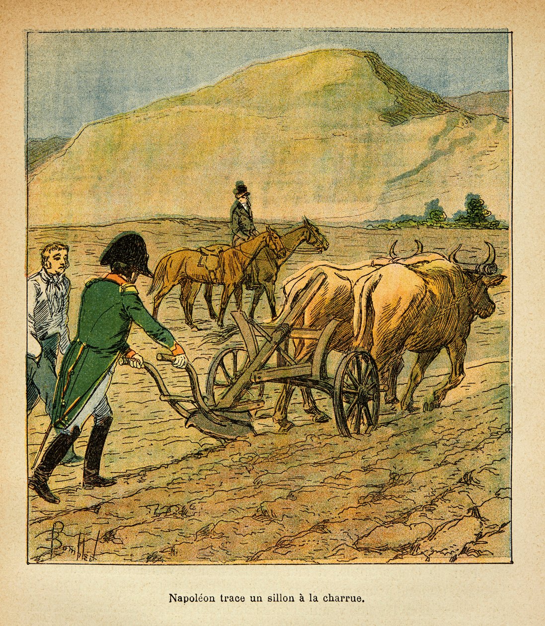Ilustrace Bombled Louis (1862-1927) z knihy „Památník svaté Heleny“ od hraběte Emmanuela de Las Cases (1766-1842): U sv. Heleny sleduje císař Napoleon brázdu k pluhu, soukromá sbírka od Louis Charles Bombled
