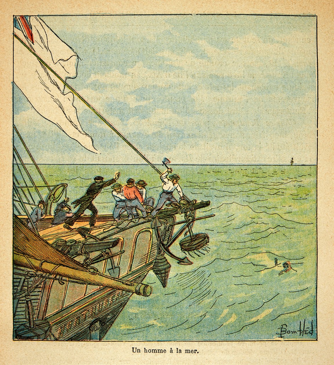 Ilustrace Bombled Louis (1862-1927) z knihy „Památník svaté Heleny“ od hraběte Emmanuela de Las Cases (1766-1842): Muž se utopí během cesty císaře Napoleona do St. Helene, soukromá sbírka od Louis Charles Bombled