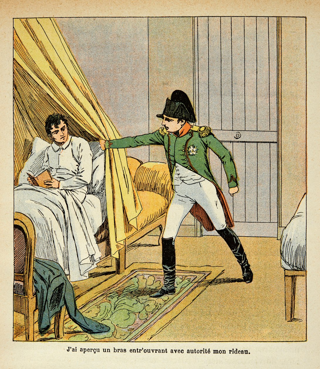 Ilustrace Bombled Louis (1862-1927) z knihy „Památník svaté Heleny“ od hraběte Emmanuela de Las Cases (1766-1842): Napoleon probouzí Las Cases v posteli u St. Helene, soukromá sbírka od Louis Charles Bombled