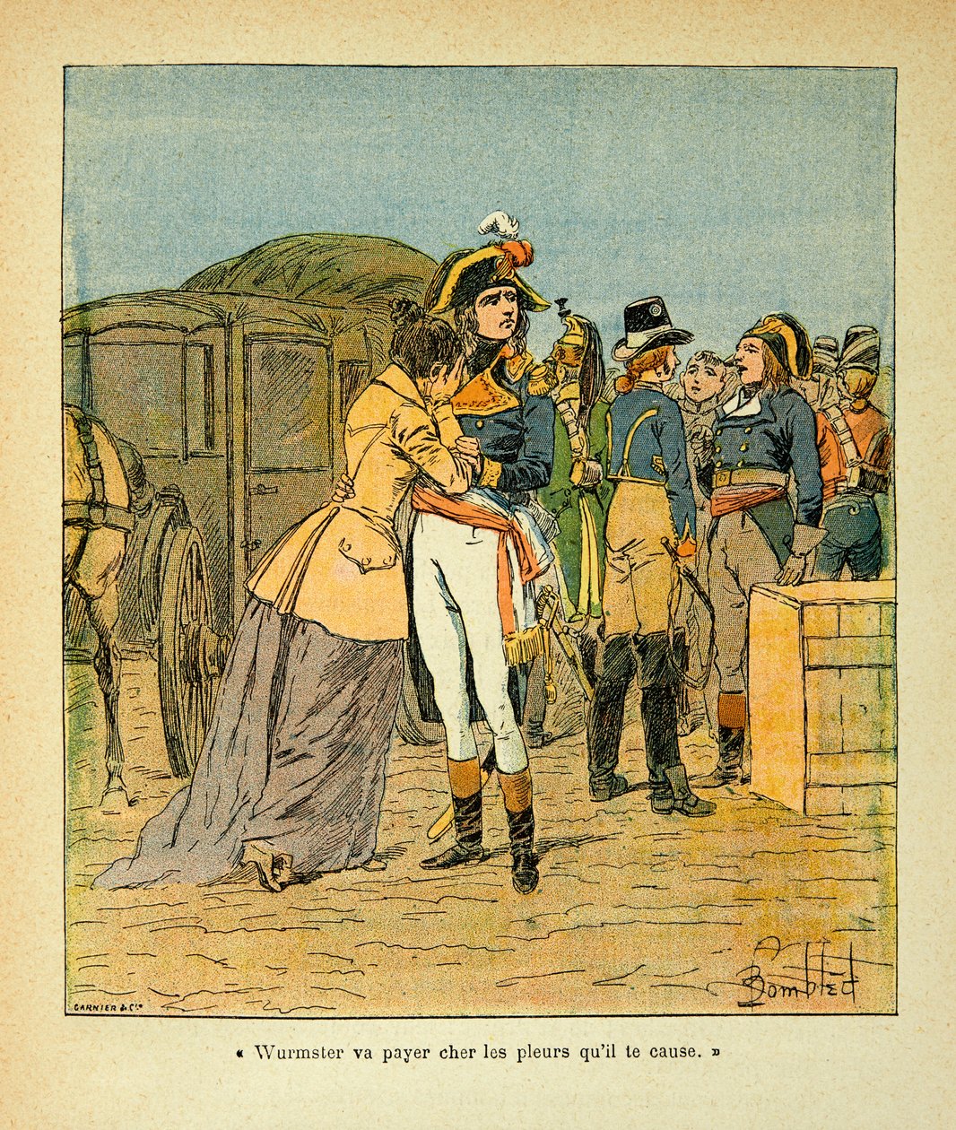 Ilustrace Bombled Louis (1862-1927) z knihy „Památník svaté Heleny“ od hraběte Emmanuela de Las Cases (1766-1842): Bonaparte uklidňuje Josephine po útoku na jeho auto během italské kampaně, Soukromá sbírka od Louis Charles Bombled