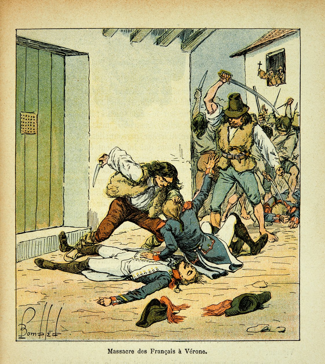 Ilustrace Bombled Louis (1862-1927) z knihy „Památník svaté Heleny“ od hraběte Emmanuela de Las Cases (1766-1842): Masakr francouzských vojáků ve Veroně, soukromá sbírka od Louis Charles Bombled