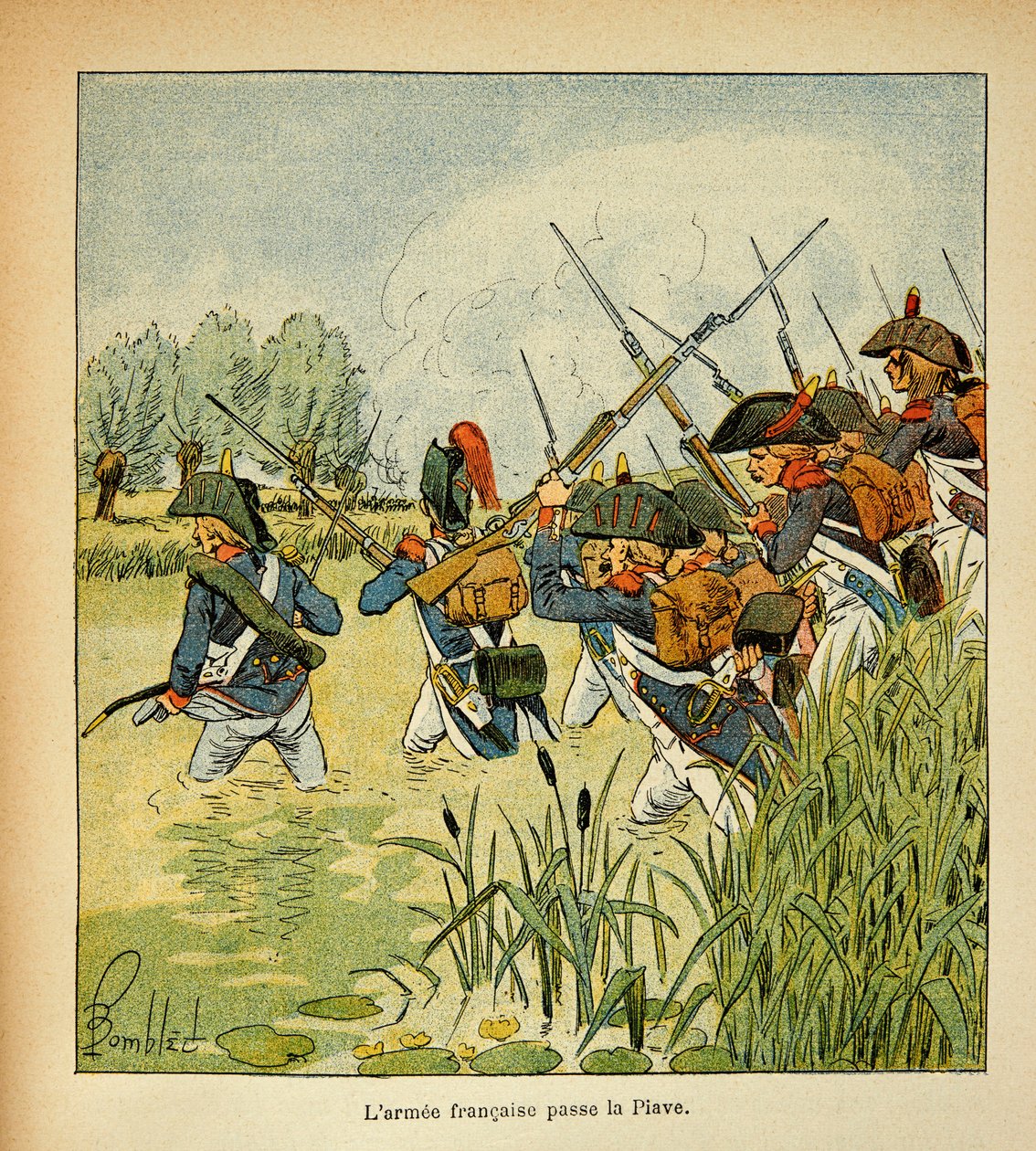 Ilustrace Bombled Louis (1862-1927) z knihy „Památník svaté Heleny“ od hraběte Emmanuela de Las Cases (1766-1842): Francouzská Armee prochází Piave během italského tažení, soukromá sbírka od Louis Charles Bombled