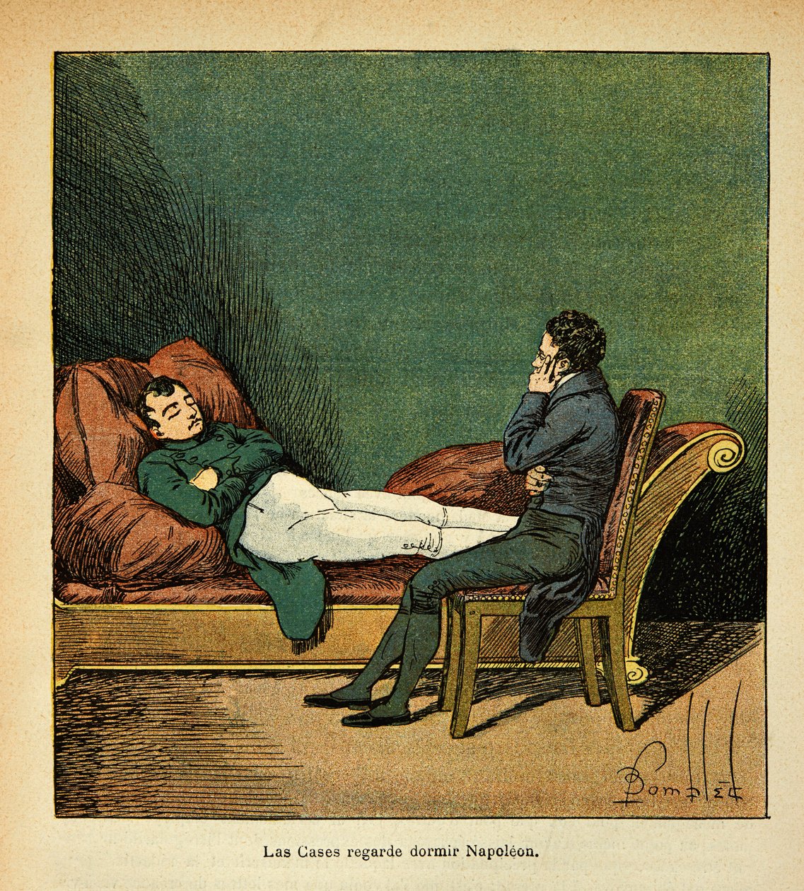 Ilustrace Bombled Louis (1862-1927) z knihy „Památník svaté Heleny“ od hraběte Emmanuela de Las Cases (1766-1842): Las Cases se dívá na Napoleona spícího, soukromá sbírka od Louis Charles Bombled
