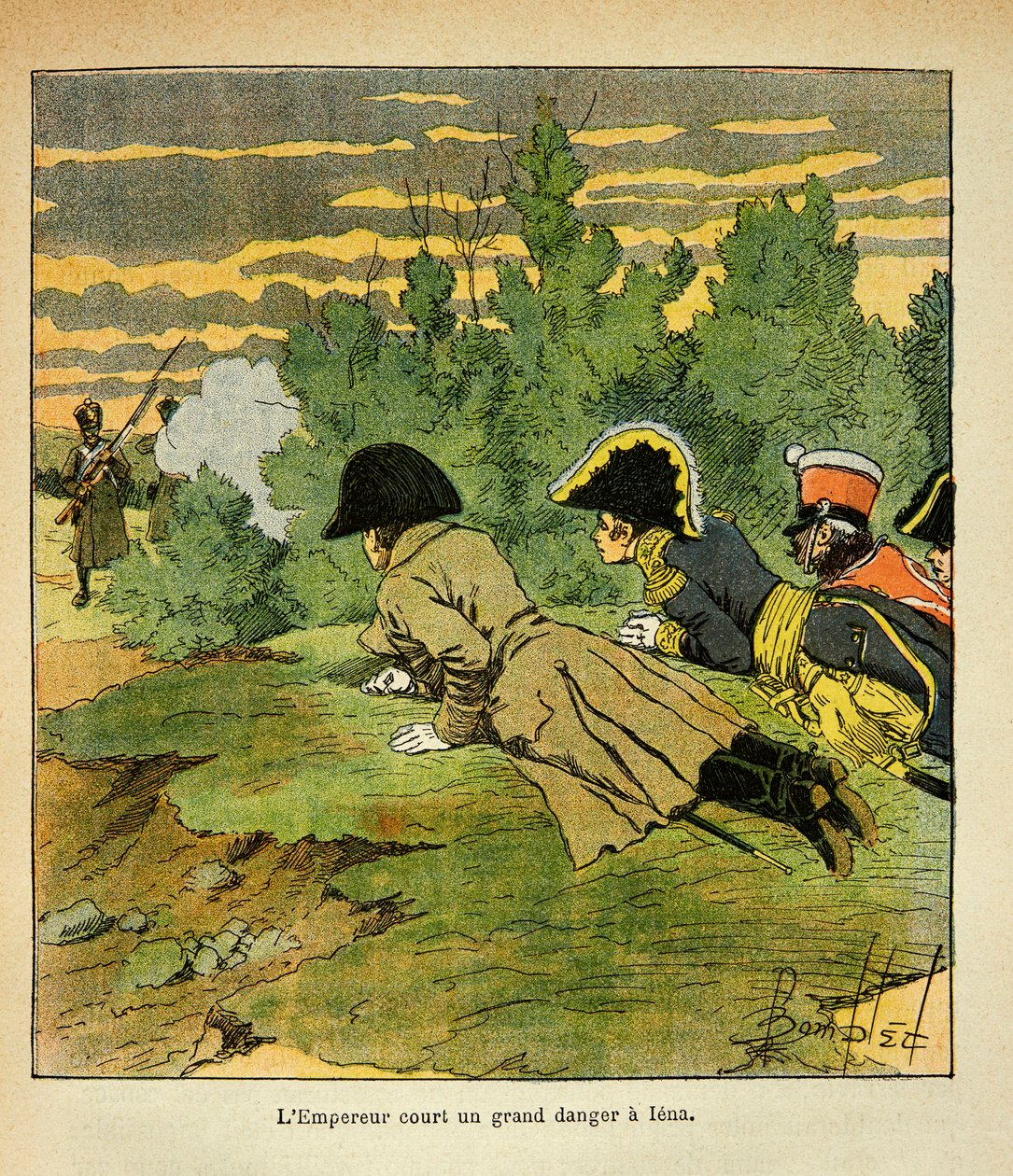 Ilustrace Bombled Louis (1862-1927) z knihy „Památník svaté Heleny“ od hraběte Emmanuela de Las Cases (1766-1842): V předvečer bitvy u Ieny se císař Napoleon, poté co poznal nepřátelské linie, vrhne byt, když francouzský senti od Louis Charles Bombled