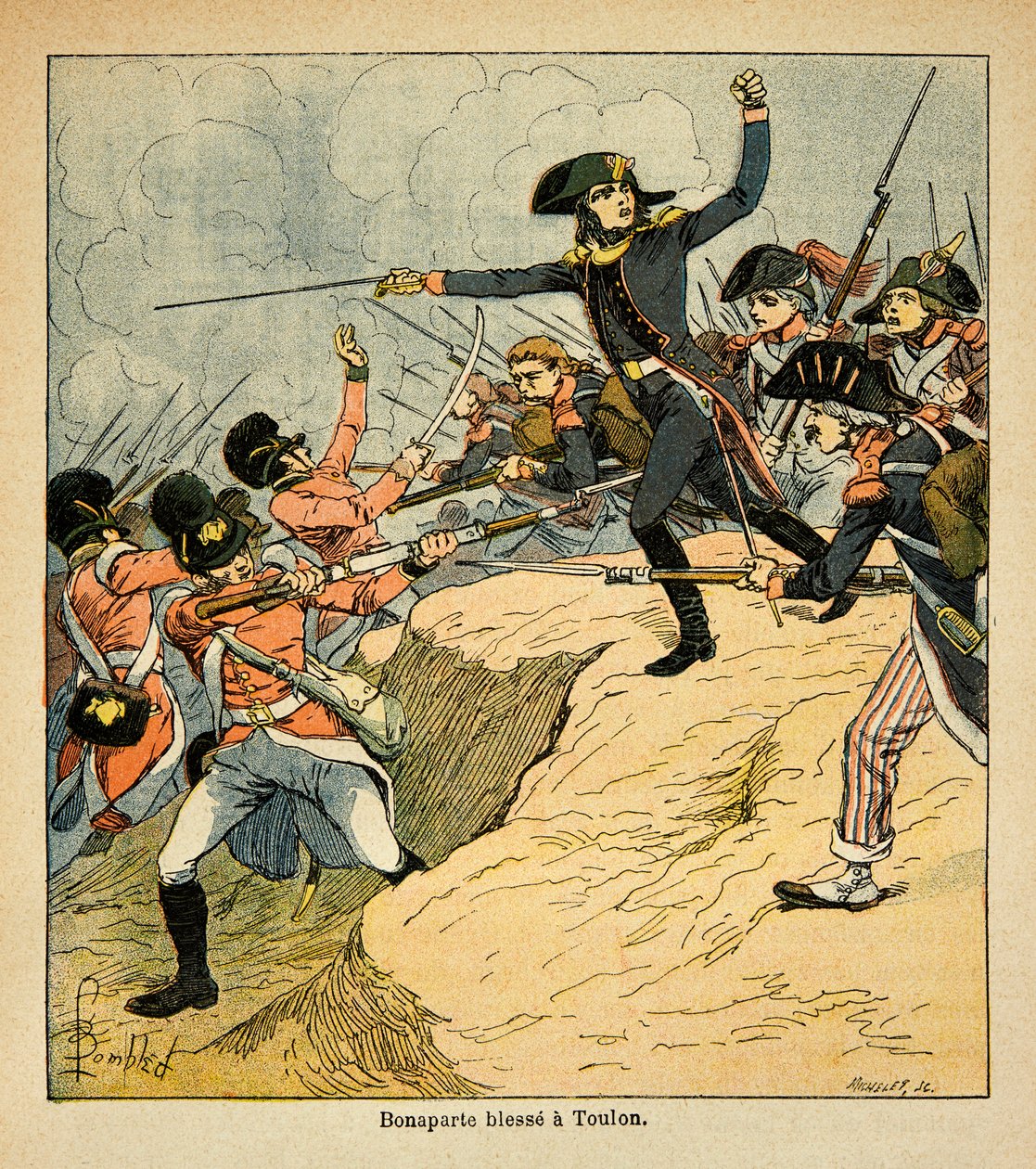 Ilustrace Bombled Louis (1862-1927) z knihy „Památník svaté Heleny“ od hraběte Emmanuela de Las Cases (1766-1842): Bonaparte rány v sídle v Toulonu, soukromá sbírka od Louis Charles Bombled