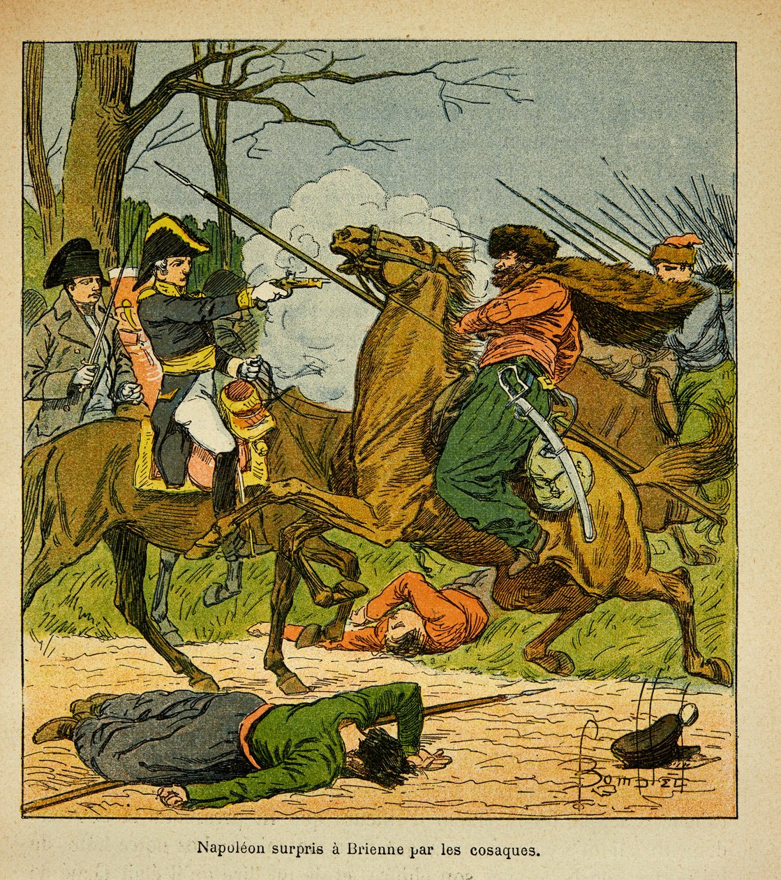 Ilustrace Bombled Louis (1862-1927) z knihy „Památník svaté Heleny“ od hraběte Emmanuela de Las Cases (1766-1842): Napoleon překvapil v Brienne kozáky, soukromá sbírka od Louis Charles Bombled