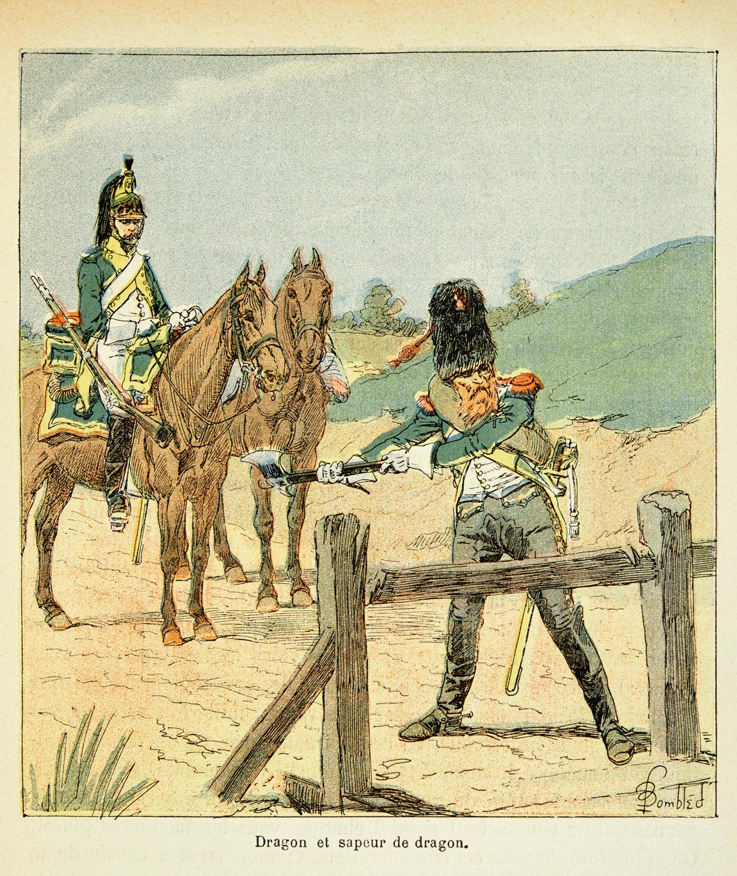 Ilustrace Bombled Louis (1862-1927) z knihy „Památník svaté Heleny“ od hraběte Emmanuela de Las Cases (1766-1842): French Armee: Dragon and Dragon Sapper, Private Collection od Louis Charles Bombled