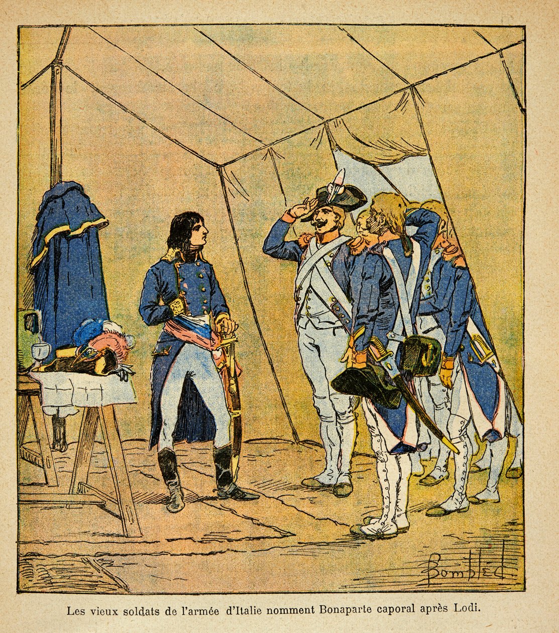 Ilustrace Bombled Louis (1862-1927) z knihy „Památník svaté Heleny“ od hraběte Emmanuela de Las Cases (1766-1842): Staří vojáci italské armády jménem Bonaparte desátník po bitvě u Lodi v roce 1796, vojín Sbírka od Louis Charles Bombled