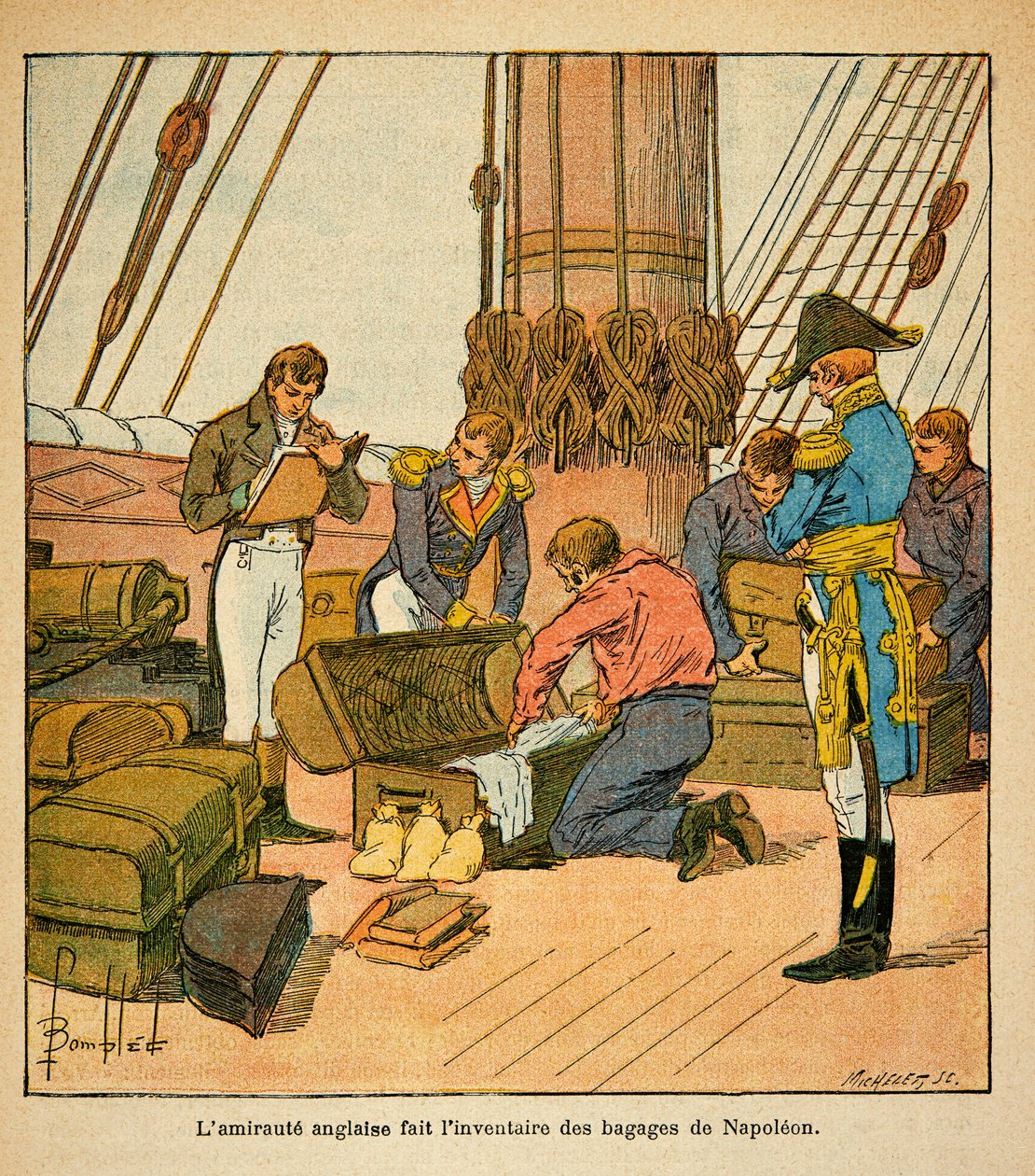 Ilustrace Bombled Louis (1862-1927) z knihy „Památník svaté Heleny“ od hraběte Emmanuela de Las Cases (1766-1842): Anglický admiraut provádí inventuru zavazadel císaře Napoleona před jeho odjezdem do St. Helene v roce 1815, Priva od Louis Charles Bombled