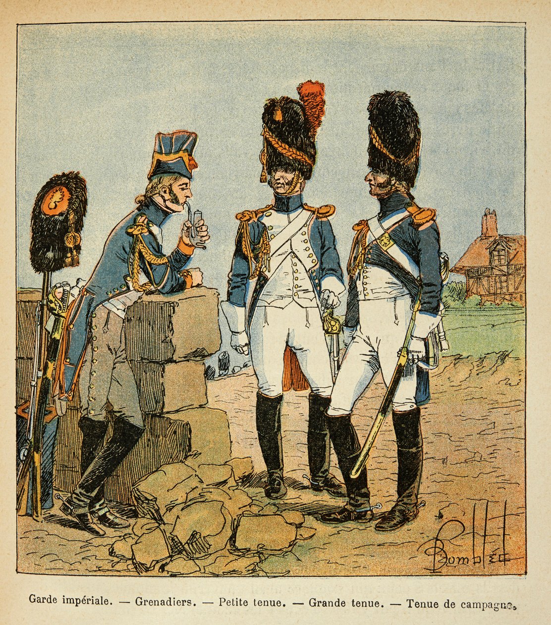 Ilustrace Bombled Louis (1862-1927) z knihy „Památník svaté Heleny“ od hraběte Emmanuela de Las Cases (1766-1842): Granátníci císařské gardy: Malé oblečení; velký outfit a venkovský outfit, soukromá sbírka od Louis Charles Bombled