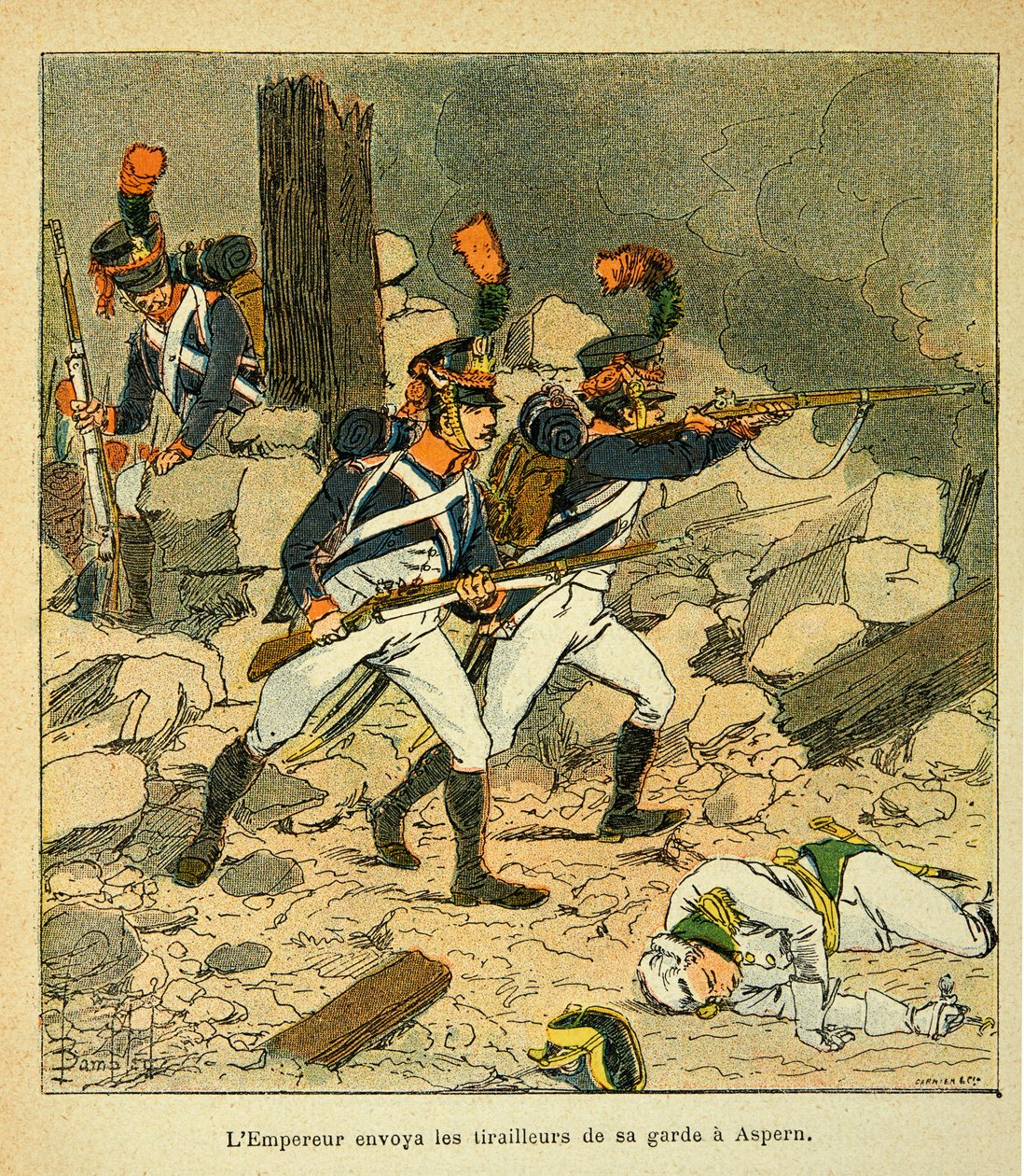 Ilustrace Bombled Louis (1862-1927) z knihy „Památník svaté Heleny“ od hraběte Emmanuela de Las Cases (1766-1842): Císař Napoleon poslal svou gardu do Aspernu během bitvy u Esslingu od Louis Charles Bombled