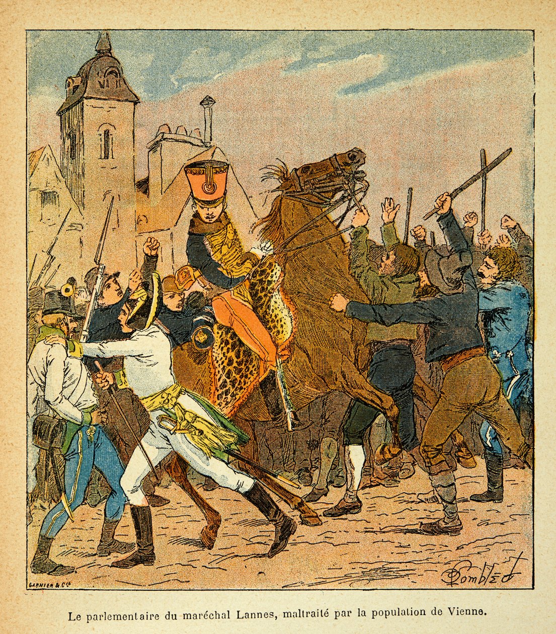 Ilustrace Bombled Louis (1862-1927) z knihy „Památník svaté Heleny“ od hraběte Emmanuela de Las Cases (1766-1842): Poslanec Marechala Lannese týraný obyvatelstvem Vídně, soukromá sbírka od Louis Charles Bombled