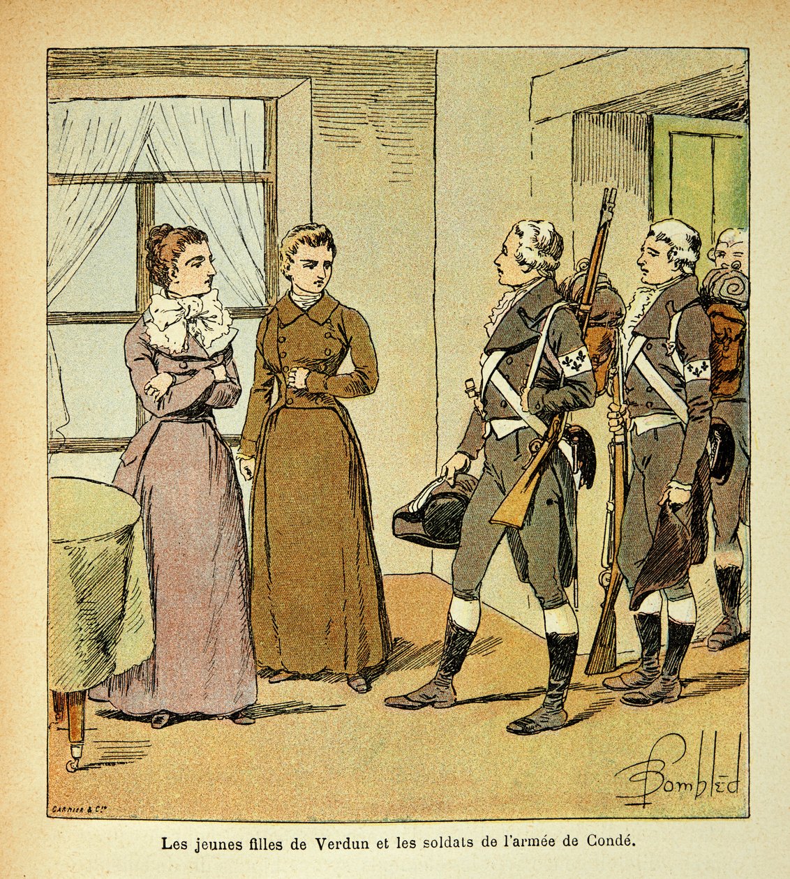 Ilustrace Bombled Louis (1862-1927) z knihy „Památník svaté Heleny“ od hraběte Emmanuela de Las Cases (1766-1842): Mladé dcery z Verdunu a vojáci Armee of Conde (Armee des Emigrres), Soukromá sbírka od Louis Charles Bombled