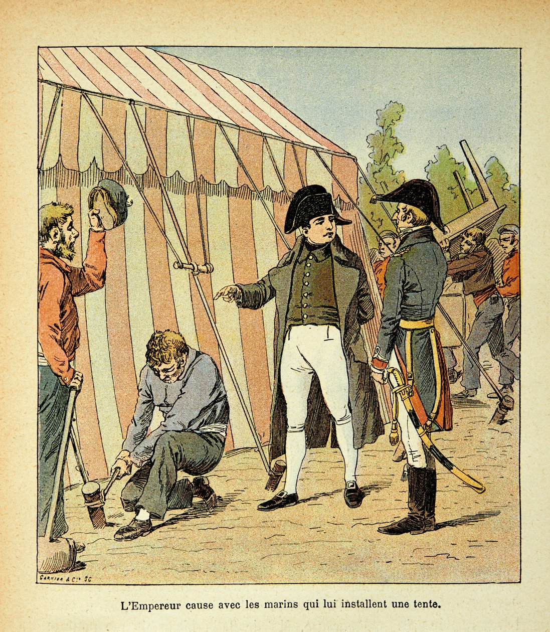 Ilustrace Bombled Louis (1862-1927) z knihy „Památník svaté Heleny“ od hraběte Emmanuela de Las Cases (1766-1842): Císař Napoleon mluví s námořníky, kteří pro něj postavili stan, Soukromá sbírka od Louis Charles Bombled