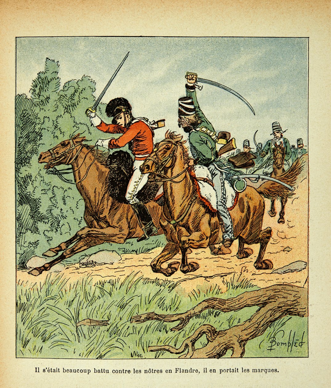 Ilustrace Bombled Louis (1862-1927) z knihy „Památník svaté Heleny“ od hraběte Emmanuela de Las Cases (1766-1842): Boj mezi francouzskými a anglickými jezdci, soukromá sbírka od Louis Charles Bombled