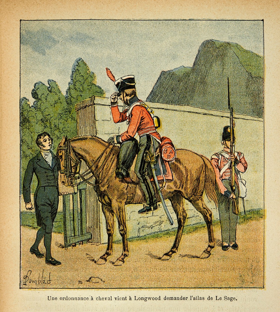 Ilustrace Bombled Louis (1862-1927) z knihy „Památník svaté Heleny“ od hraběte Emmanuela de Las Cases (1766-1842): Do Longwoodu přichází obřad pro koně s žádostí o atlas Le Sage, Collection Partial od Louis Charles Bombled