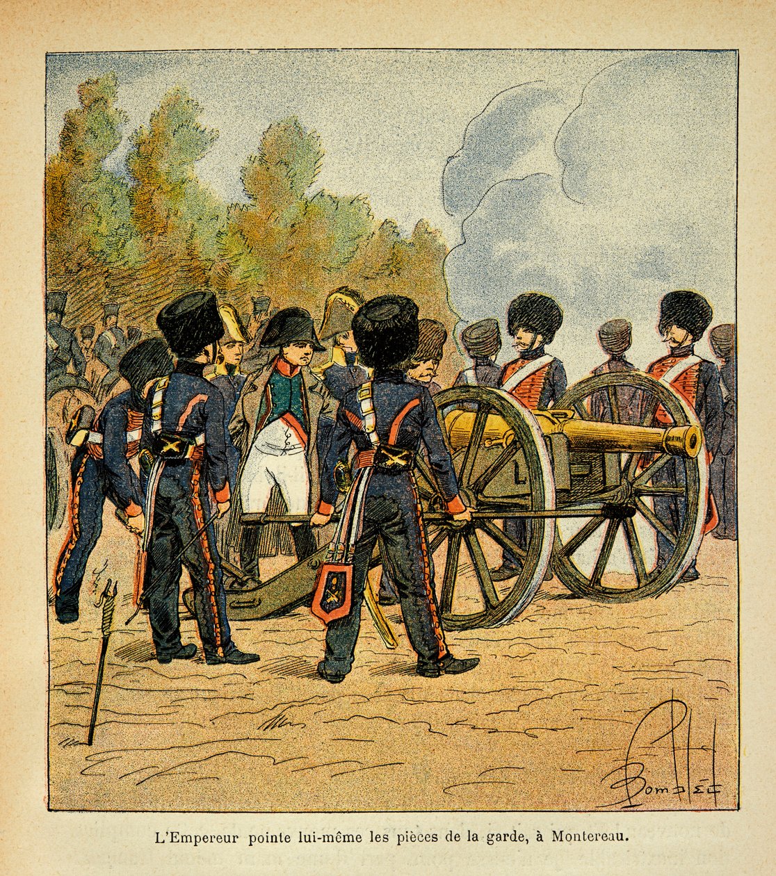 Ilustrace Bombled Louis (1862-1927) z knihy „Památník svaté Heleny“ od hraběte Emmanuela de Las Cases (1766-1842): Sám císař Napoleon míří zbraněmi gardy v bitvě u Montereau, soukromá sbírka od Louis Charles Bombled