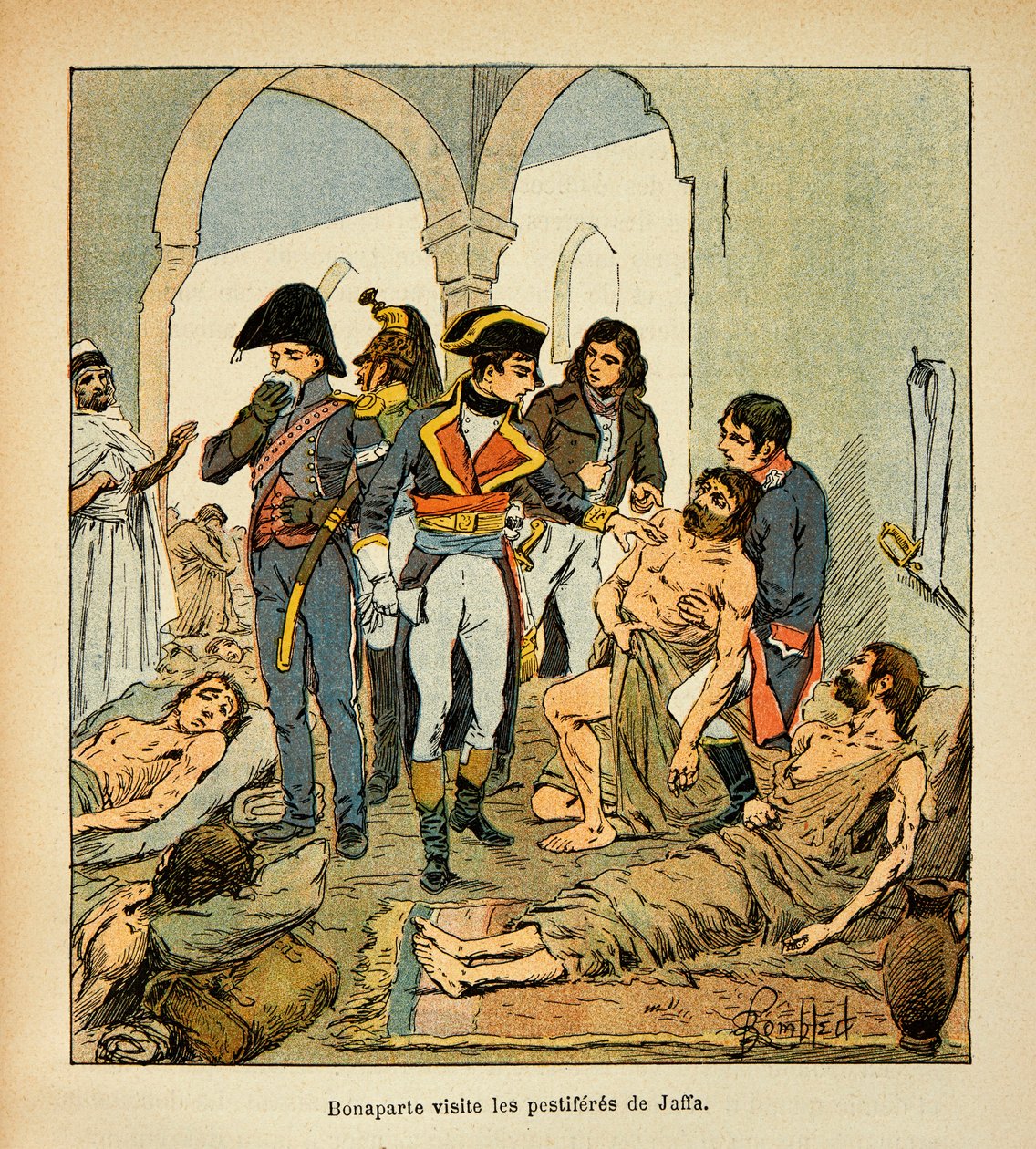 Ilustrace Bombled Louis (1862-1927) z knihy „Památník svaté Heleny“ od hraběte Emmanuela de Las Cases (1766-1842): Bonaparte navštěvuje pestiferes z Jaffy, soukromá sbírka od Louis Charles Bombled