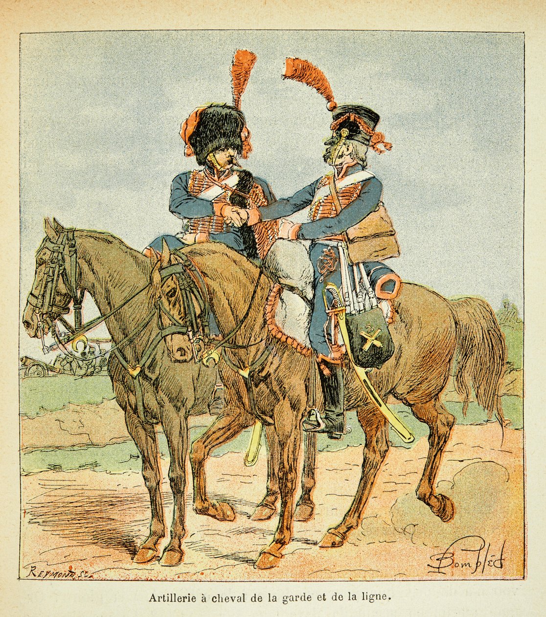 Ilustrace Bombled Louis (1862-1927) z knihy „Památník svaté Heleny“ od hraběte Emmanuela de Las Cases (1766-1842): Dělostřelectvo, kůň gardy a linie, soukromá sbírka od Louis Charles Bombled