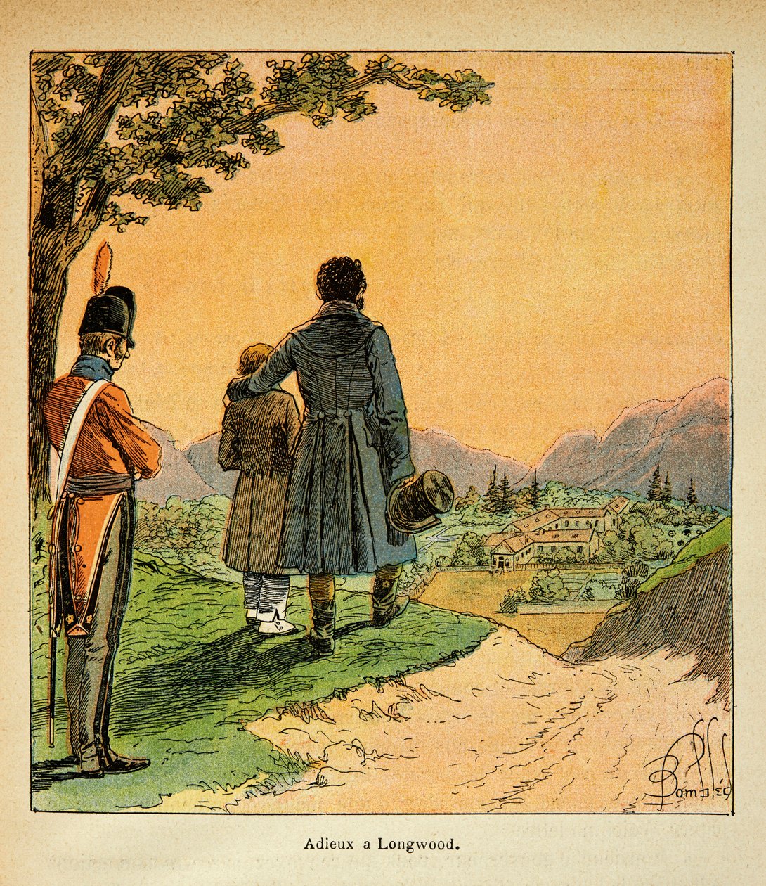 Ilustrace Bombled Louis (1862-1927) z knihy „Památník svaté Heleny“ od hraběte Emmanuela de Las Cases (1766-1842): Loučení s Las Cases a jeho synem v Longwoodu, soukromá sbírka od Louis Charles Bombled