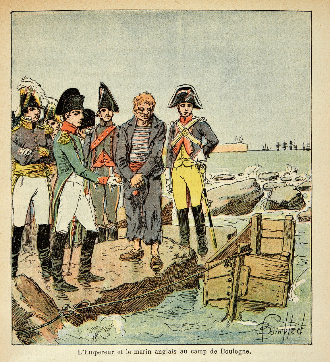 Ilustrace Bombled Louis (1862-1927) z knihy „Památník svaté Heleny“ od hraběte Emmanuela de Las Cases (1766-1842): Anglický námořník, který se snaží připojit ke své zemi osvobozené císařem v táboře Boulogne, vojín Sbírka od Louis Charles Bombled
