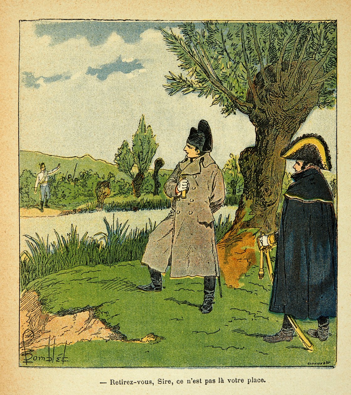Ilustrace Bombled Louis (1862-1927) z knihy „Památník sv. Heleny“ od hraběte Emmanuela de Las Cases (1766-1842): Na ostrově Laubo během bitvy u Esling riskoval Napoleon, rakouský důstojník vyzývá císaře „“ Withdr od Louis Charles Bombled