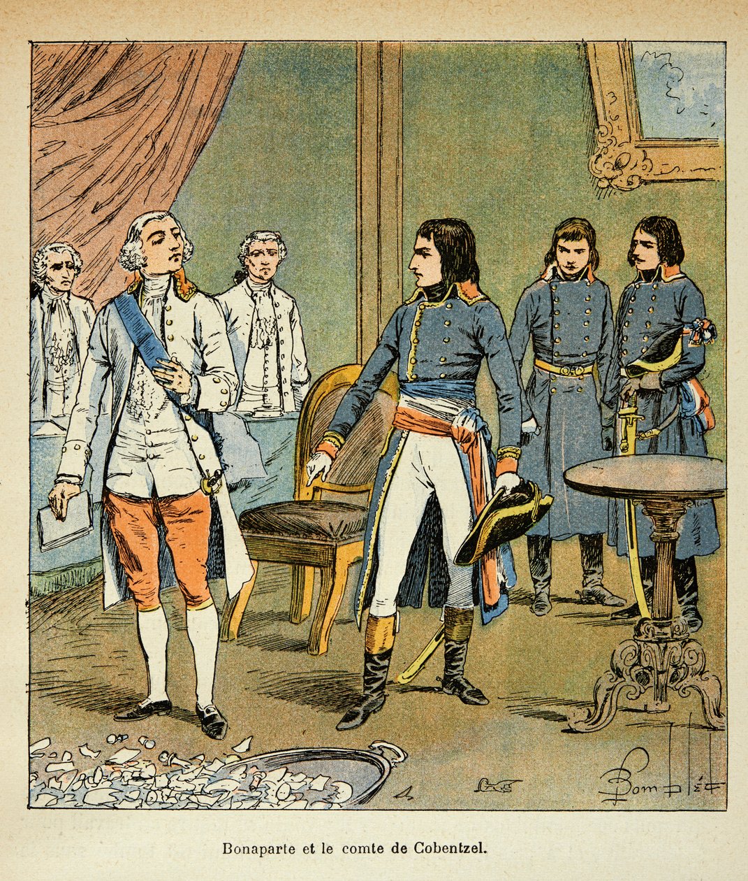 Ilustrace Bombled Louis (1862-1927) z knihy „Památník sv. Heleny“ od hraběte Emmanuela de Las Cases (1766-1842): Rozhovor mezi Bonapartem a hrabětem Louisem Cobenzlem, rakouským kancléřem během obchodu Campo Formio, Soukromá sbírka od Louis Charles Bombled