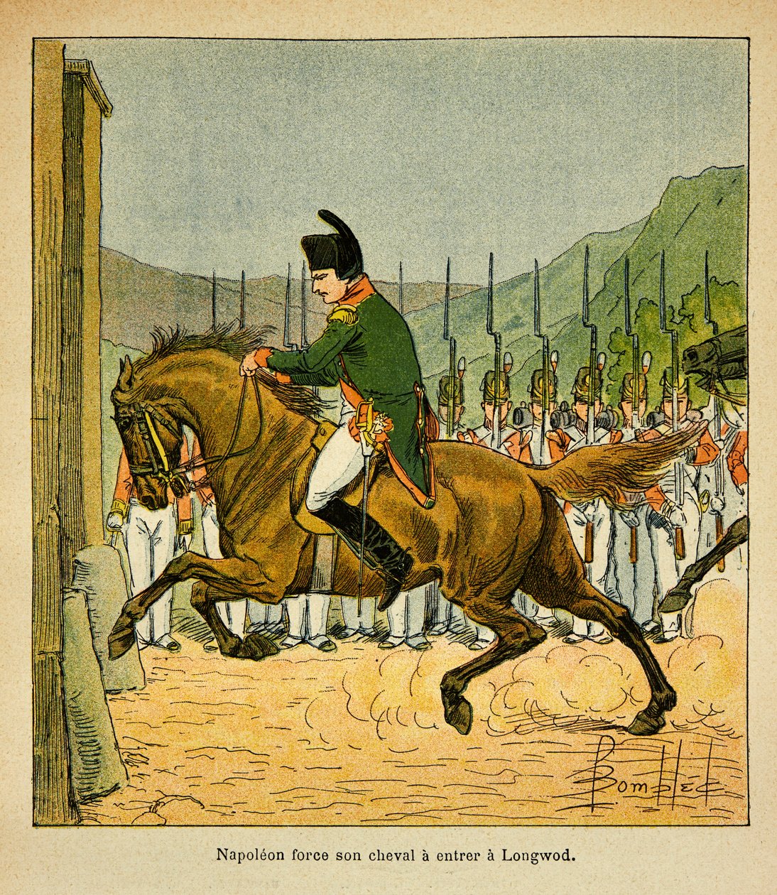 Ilustrace Bombled Louis (1862-1927) z knihy „Památník sv. Heleny“ od hraběte Emmanuela de Las Cases (1766-1842): Císař Napoleon přinutí svého koně vstoupit do Longwoodu v St. Helene, soukromá sbírka od Louis Charles Bombled