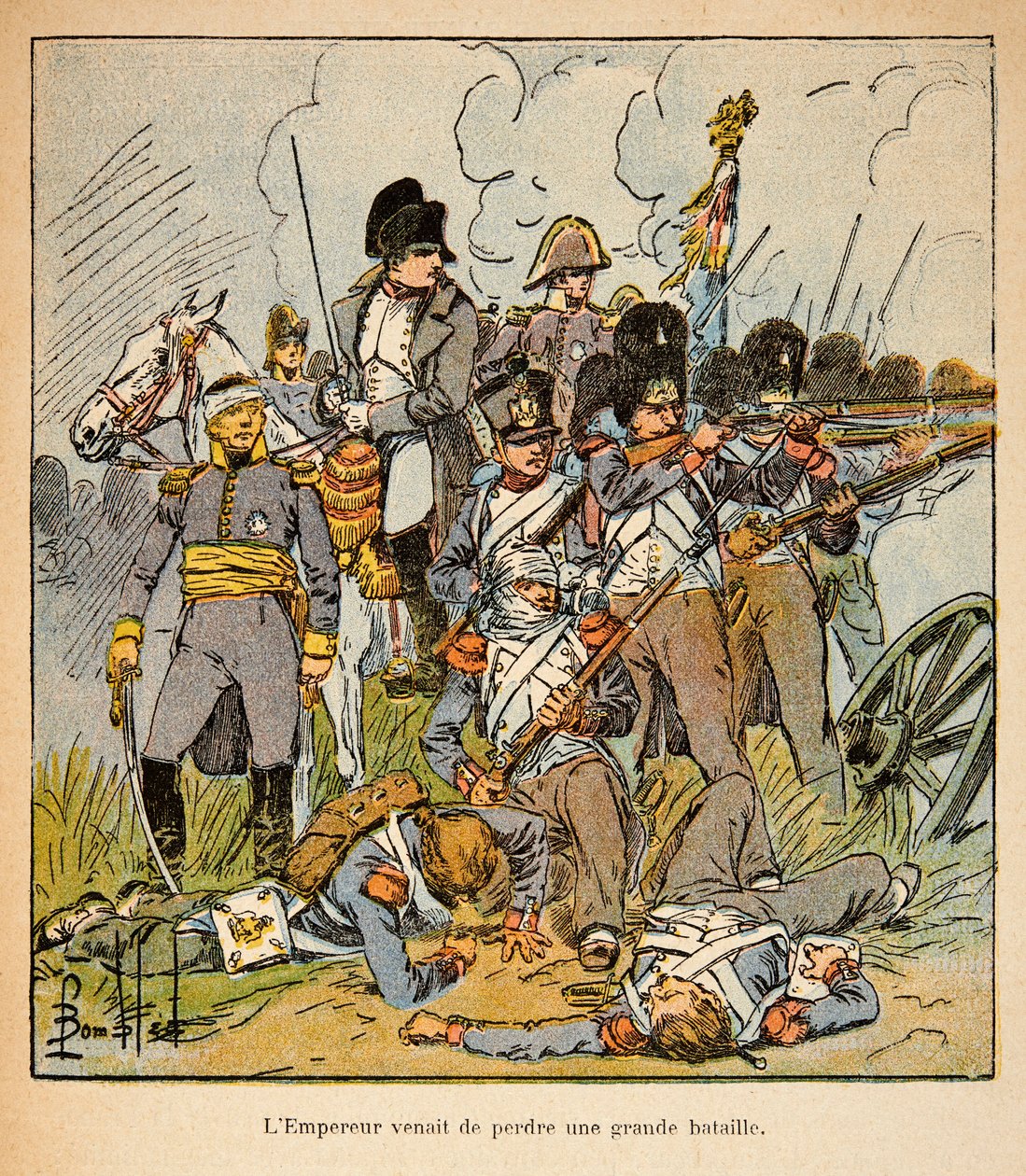 Ilustrace Bombled Louis (1862-1927) z knihy „Památník sv. Heleny“ od hraběte Emmanuela de Las Cases (1766-1842): Císař Napoleon v bitvě u Waterloo v roce 1815, soukromá sbírka od Louis Charles Bombled