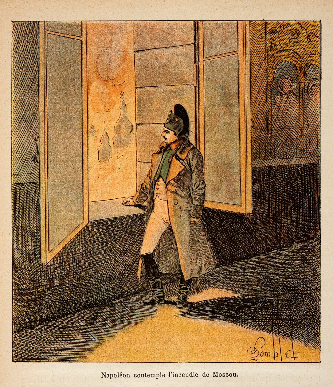 Ilustrace Bombled Louis (1862-1927) z knihy „Památník sv. Heleny“ od hraběte Emmanuela de Las Cases (1766-1842): Císař Napoleon uvažuje o požáru Moskvy v září 1812, soukromá sbírka od Louis Charles Bombled