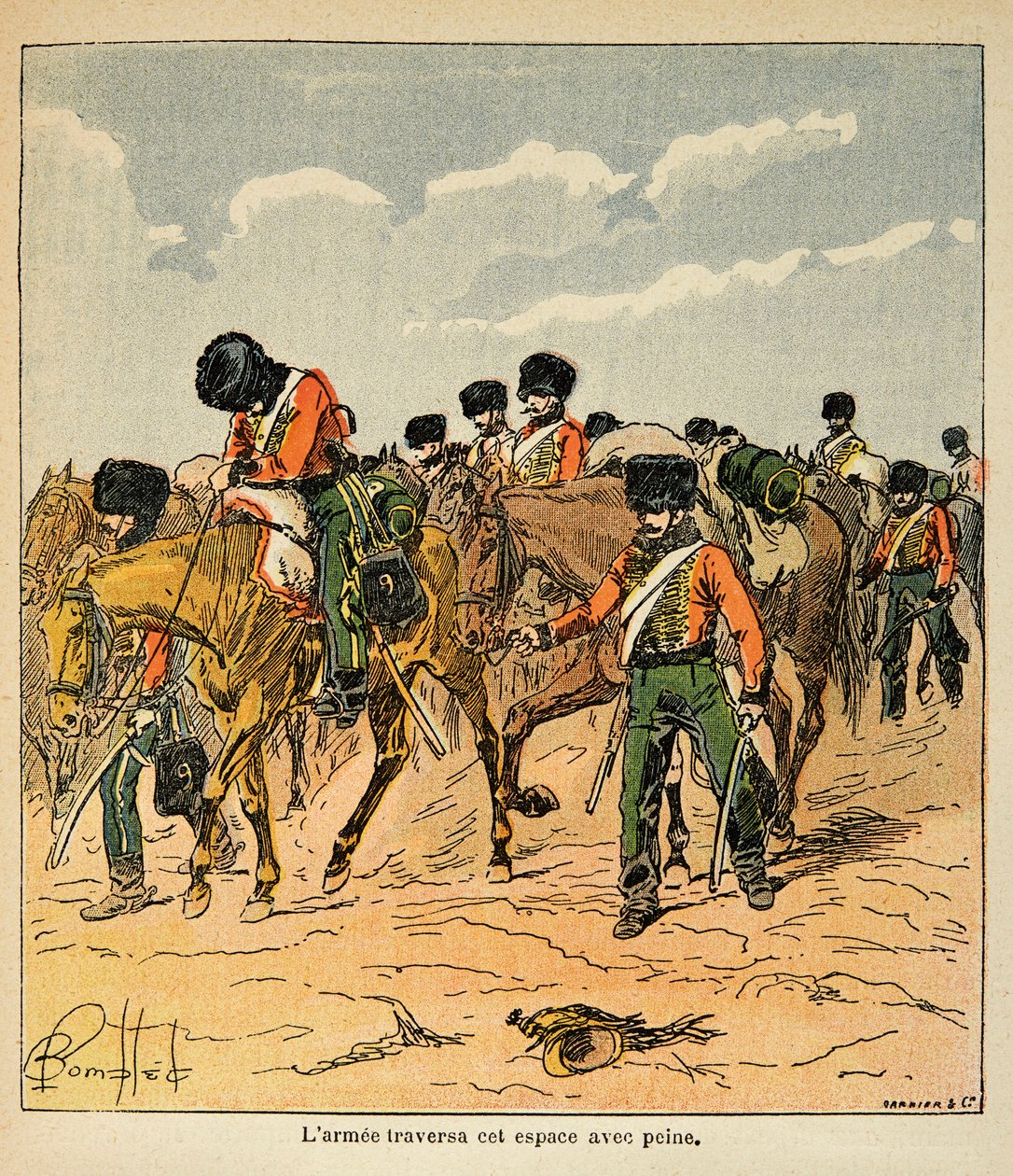 Ilustrace Bombled Louis (1862-1927) z knihy „Památník sv. Heleny“ od hraběte Emmanuela de Las Cases (1766-1842): Císařská armáda s obtížemi překračuje ruské pláně před Moskvou, Soukromá sbírka od Louis Charles Bombled