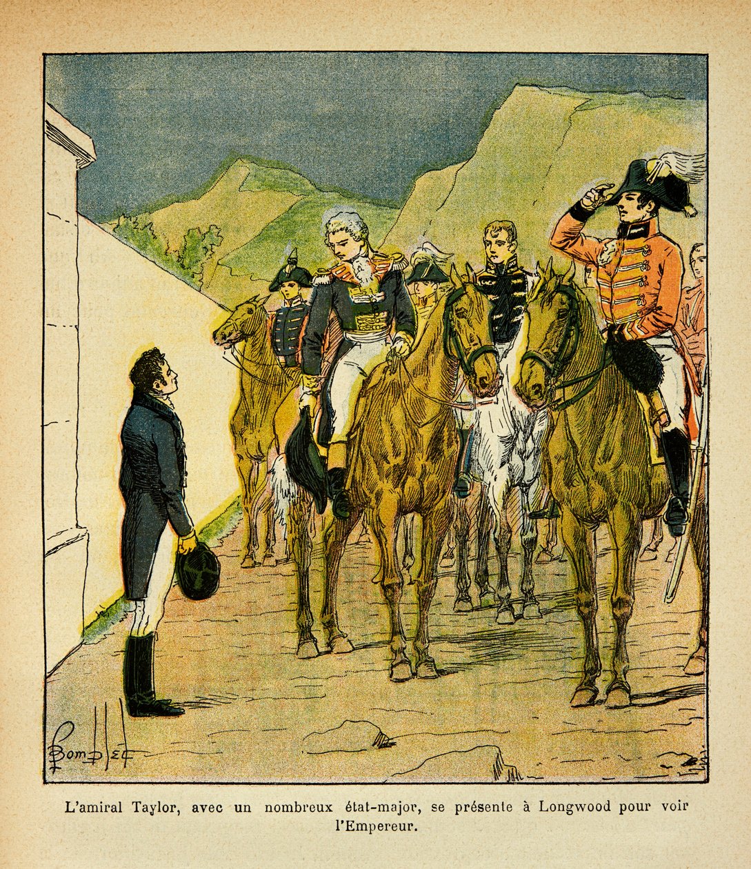 Ilustrace Bombled Louis (1862-1927) z knihy „Památník sv. Heleny“ od hraběte Emmanuela de Las Cases (1766-1842): Admirál Taylor s generálním štábem se představuje v Longwoodu na setkání s císařem Napoleonem, Soukromá sbírka od Louis Charles Bombled